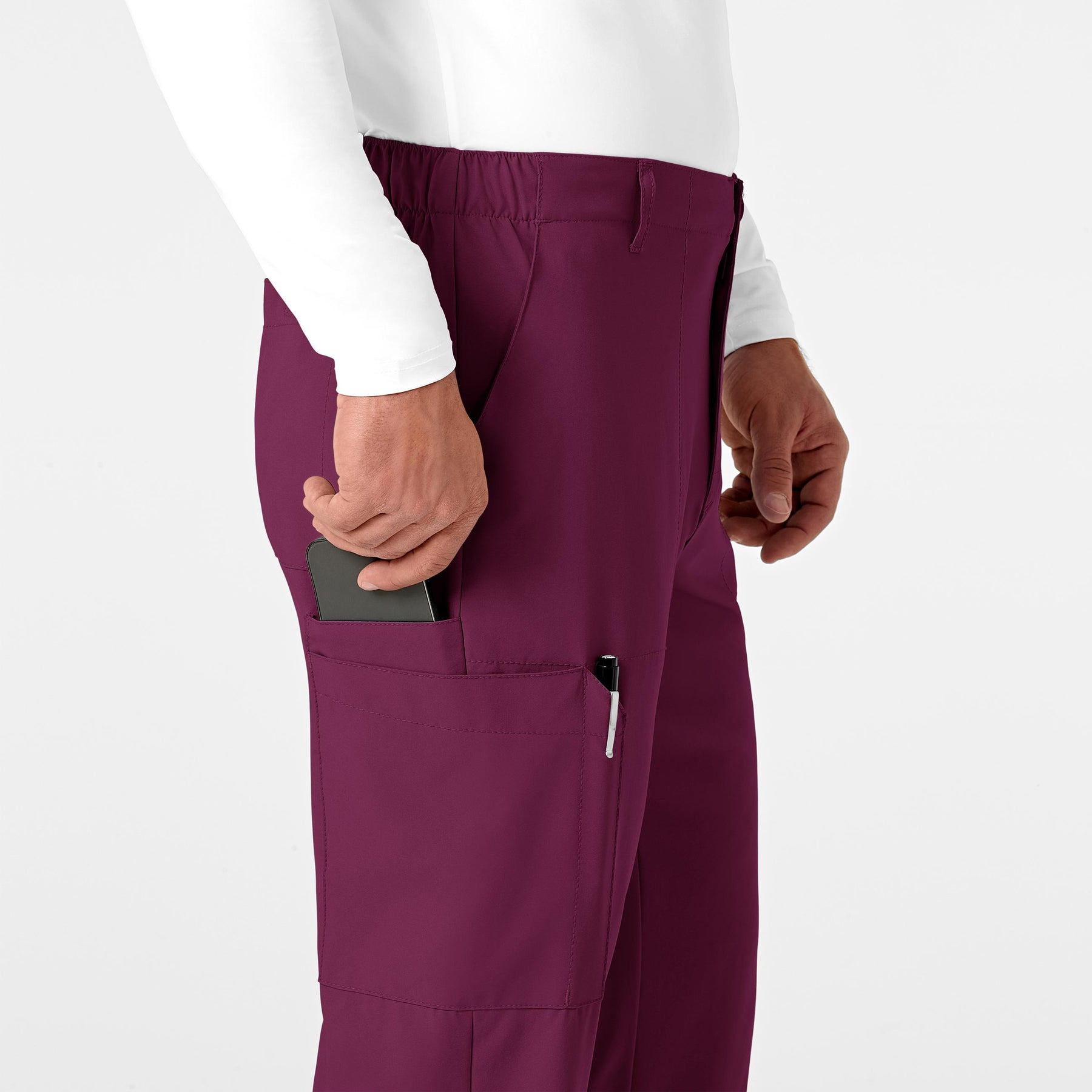 W123 Men's Flat Front Cargo Scrub Pant Wine side detail 1