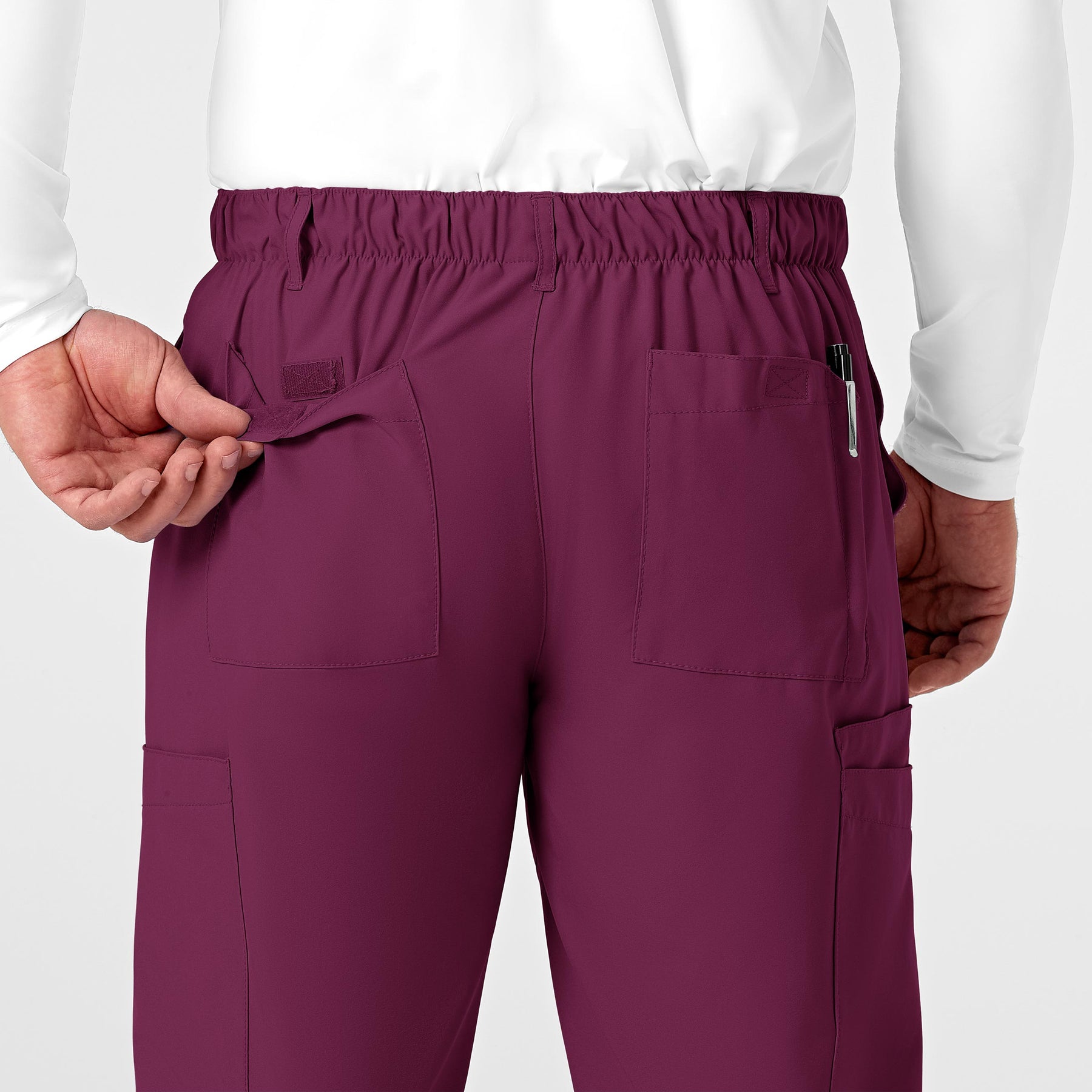 W123 Men's Flat Front Cargo Scrub Pant Wine back detail