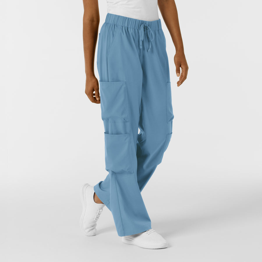 Boundless Women's Classic Wide Leg Cargo Scrub Pant Pacific Blue double cargo pockets