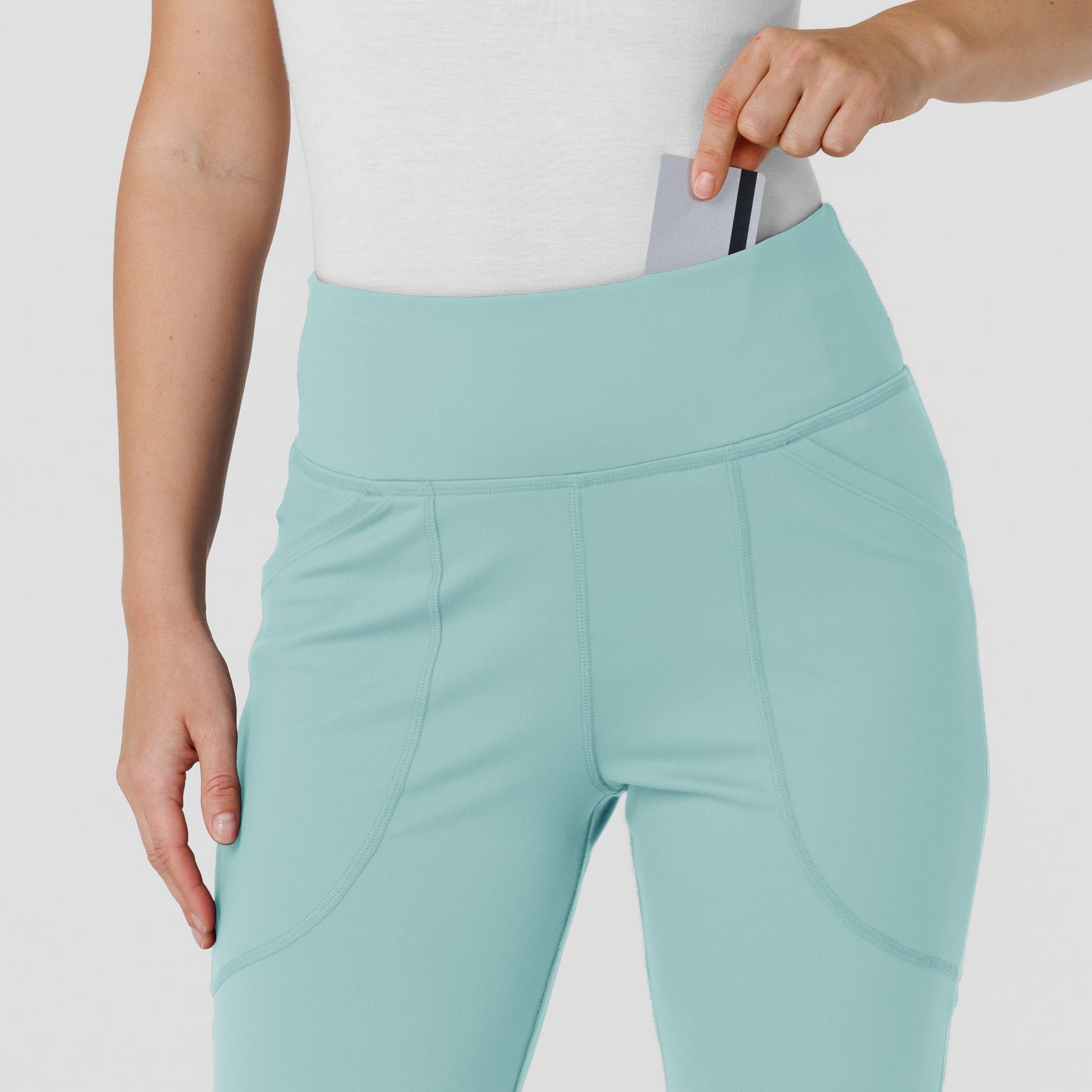 RENEW Knit Women's Flare Yoga Scrub Pant Coastal Blue front detail