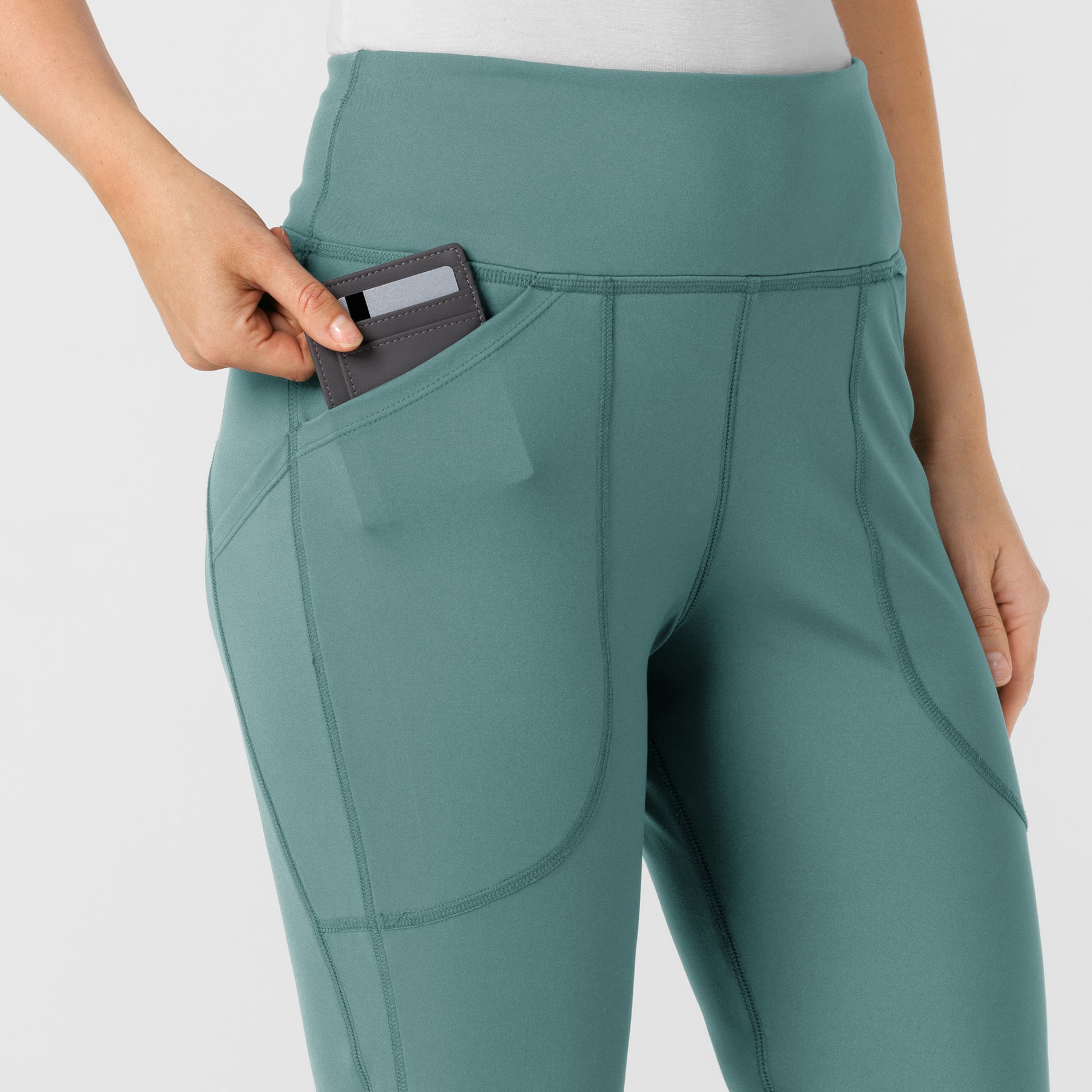 RENEW Knit Women's Flare Yoga Scrub Pant Vintage Teal side detail 1