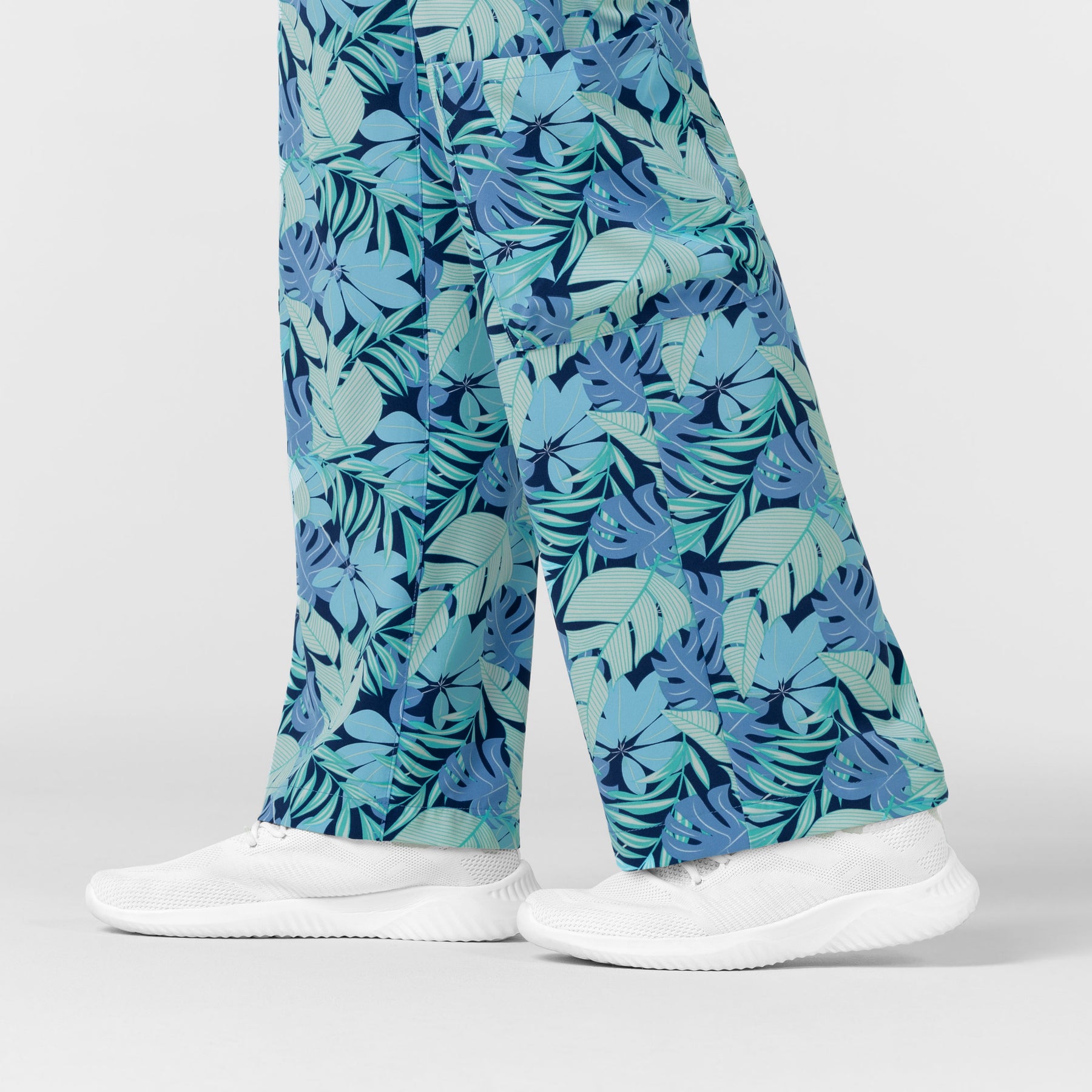 Women Printed Double Cargo Scrub Pant - Breezy Palms wide leg hem
