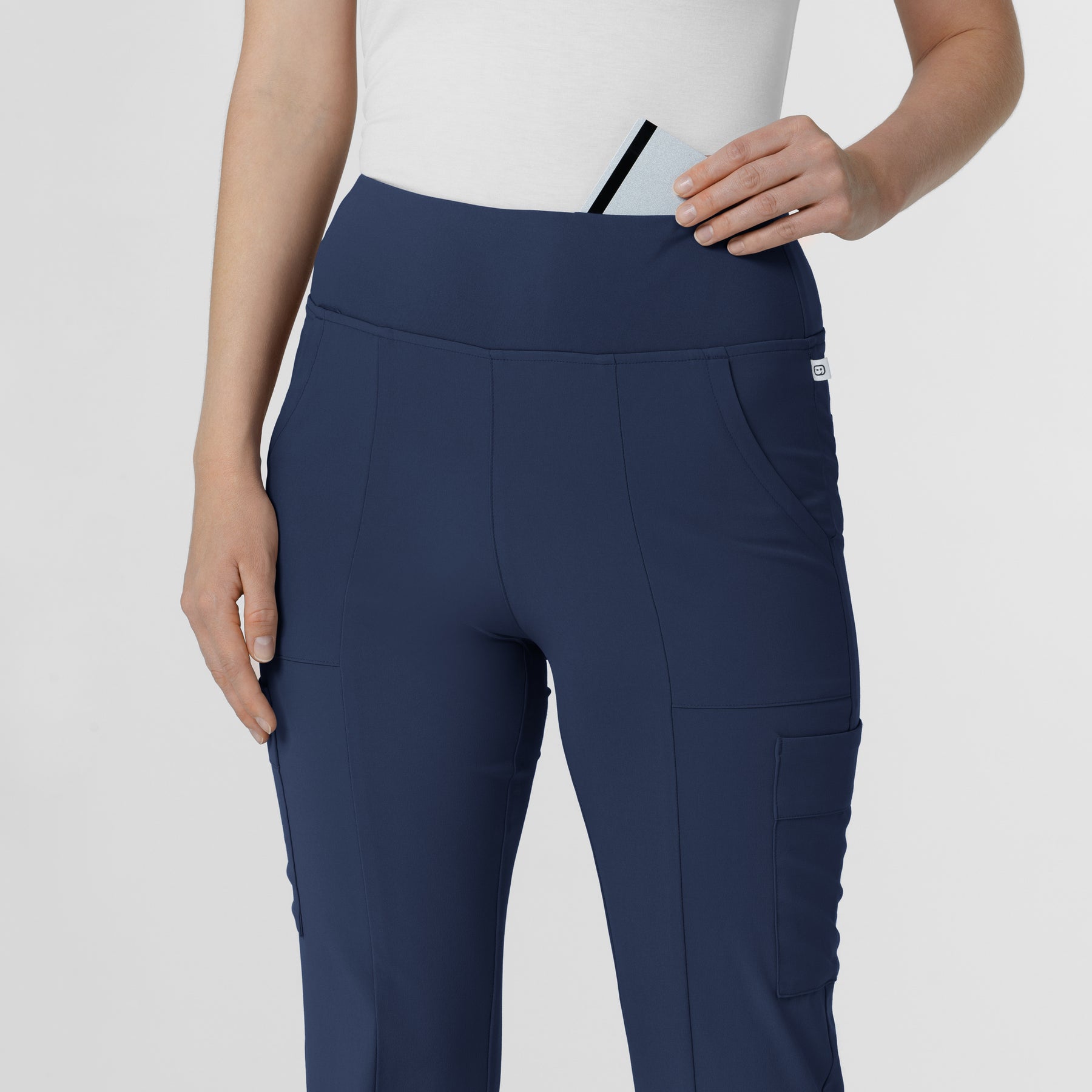 RENEW Women's Front Slit Flare Scrub Pant Navy side detail 1