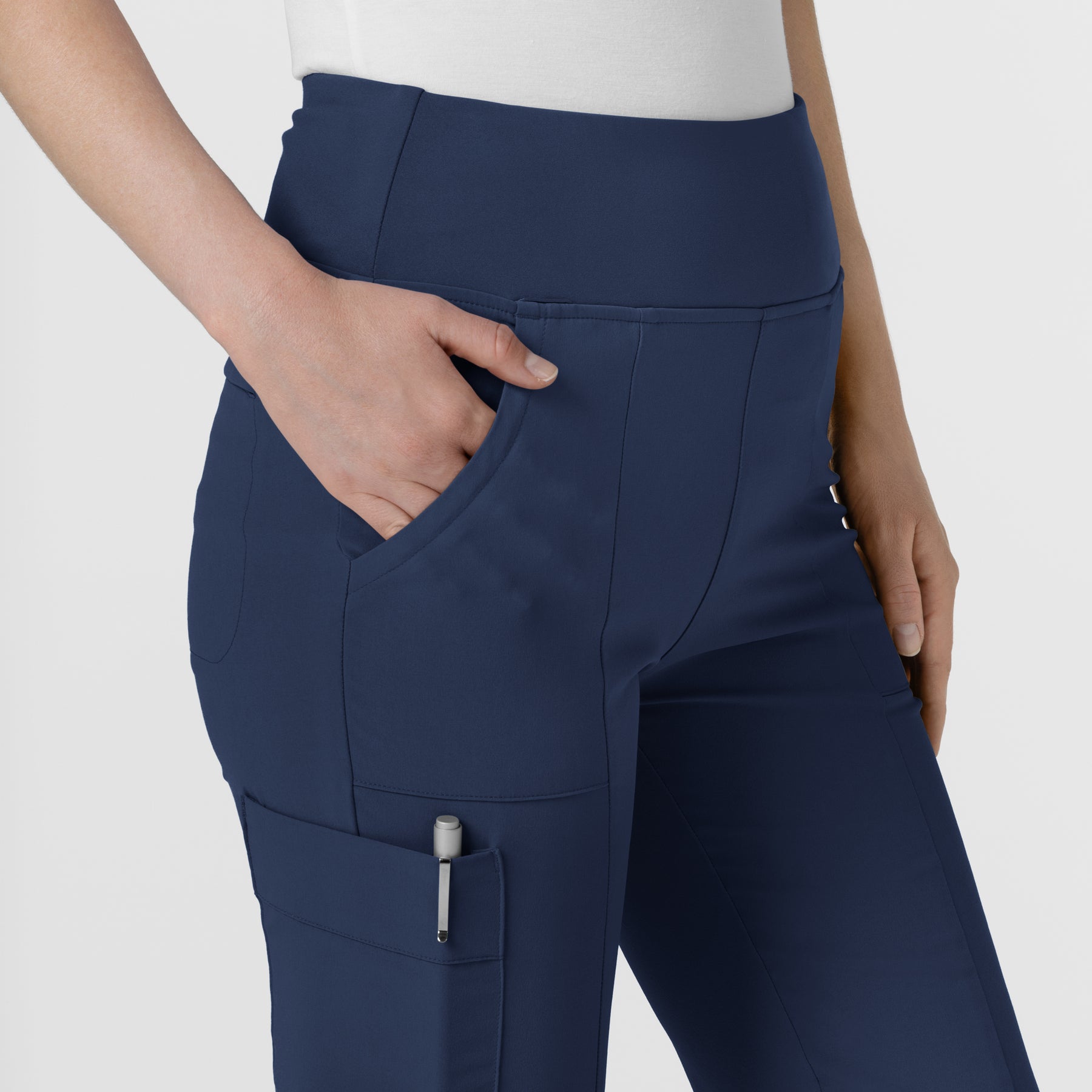RENEW Women's Front Slit Flare Scrub Pant Navy hemline detail