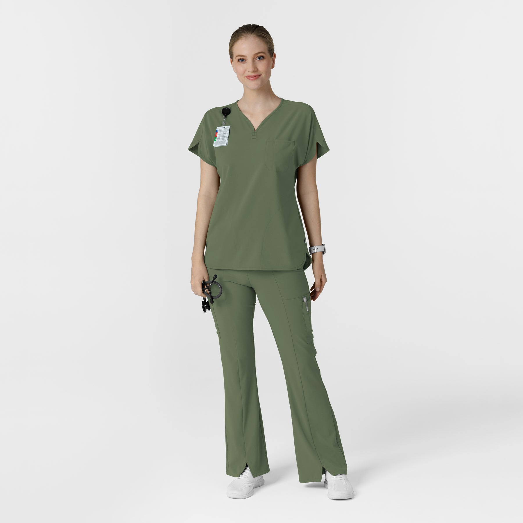 RENEW Women's Cargo Flare Scrub Pant Olive full scrub set