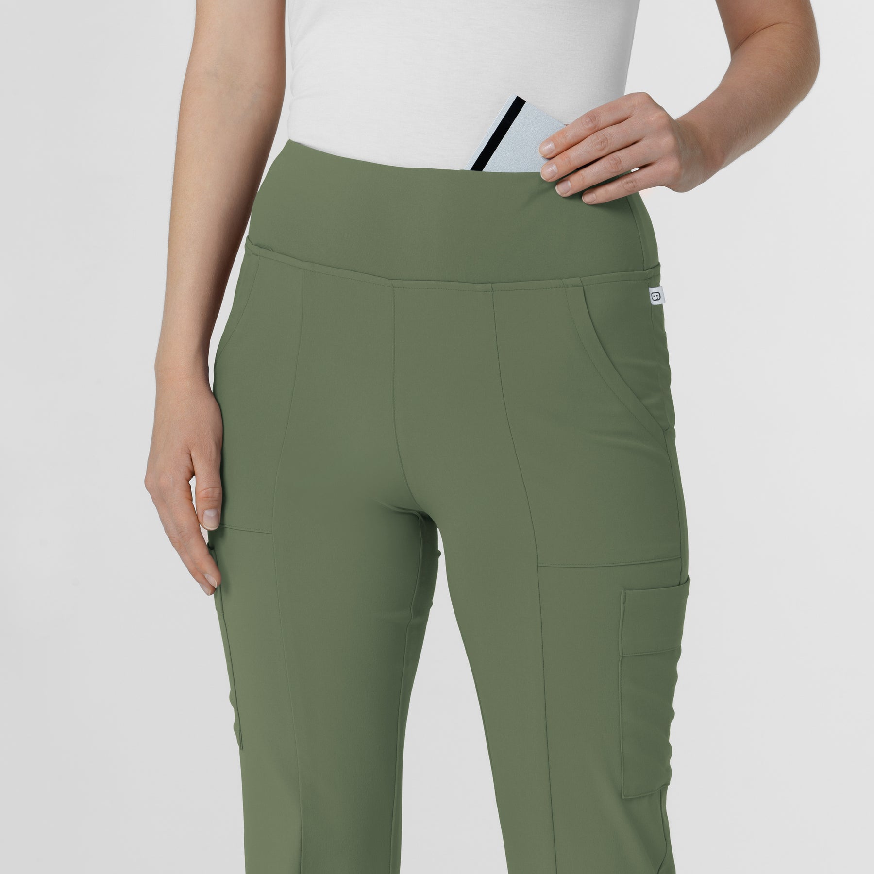 RENEW Women's Cargo Flare Scrub Pant Olive side detail 1