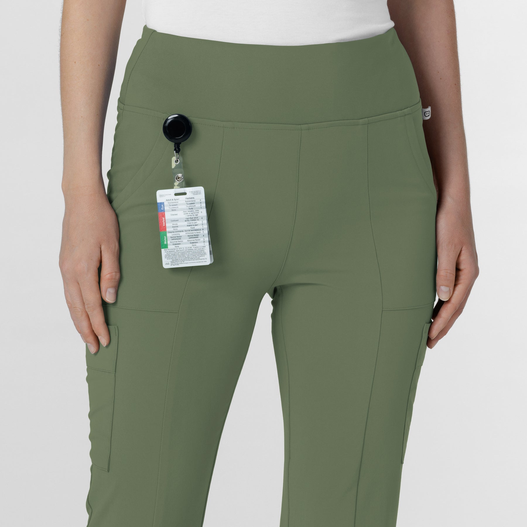 RENEW Women's Cargo Flare Scrub Pant Olive side detail 2