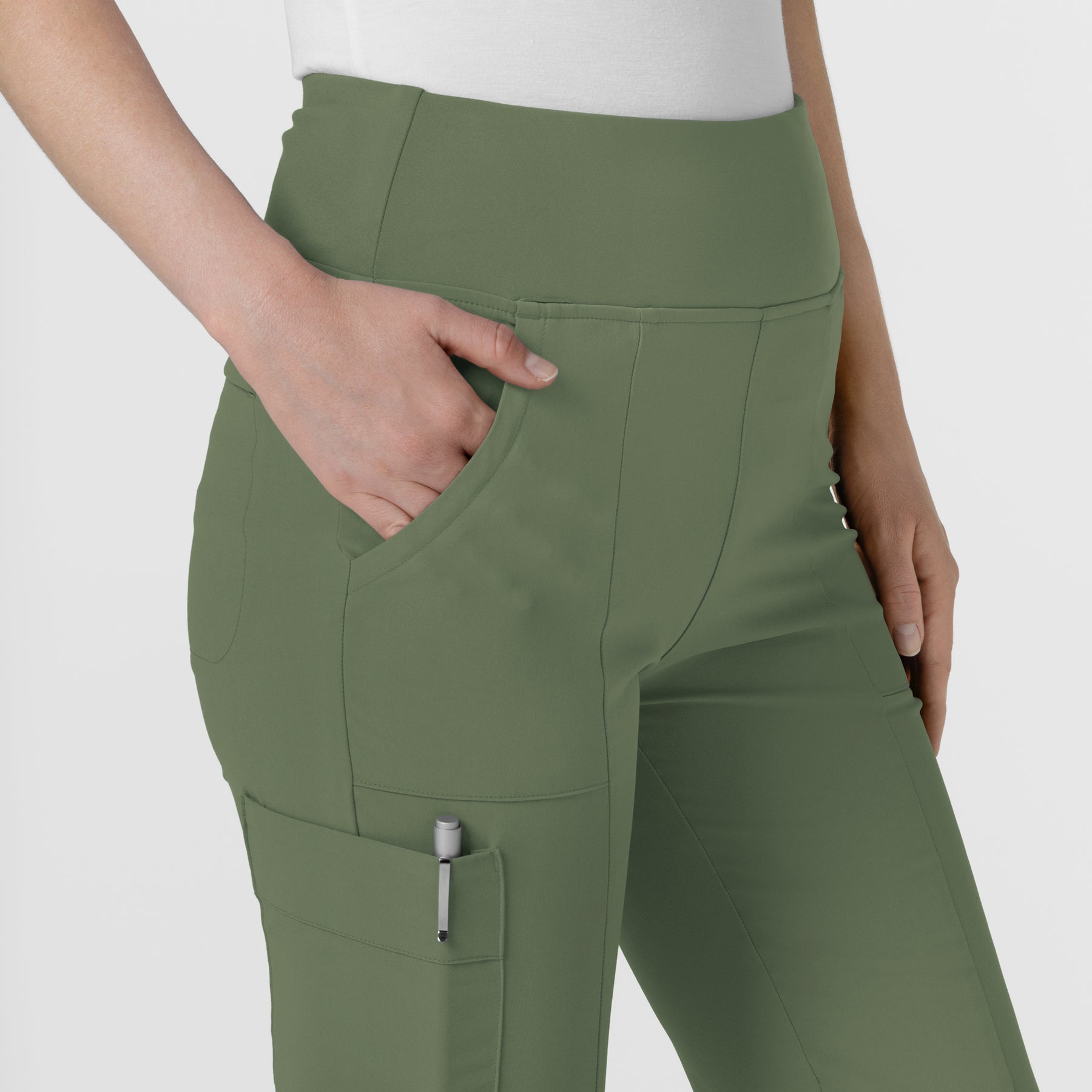 RENEW Women's Cargo Flare Scrub Pant Olive hemline detail