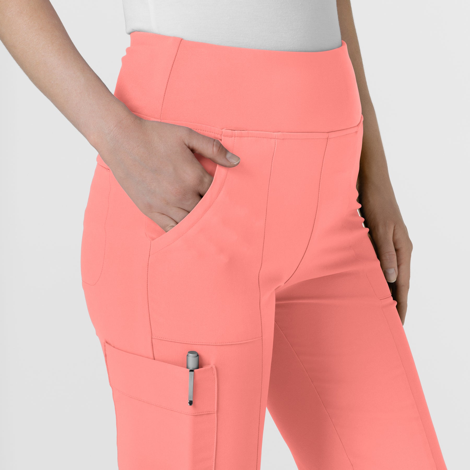 RENEW Women's Cargo Flare Scrub Pant Paradise Pink hemline detail