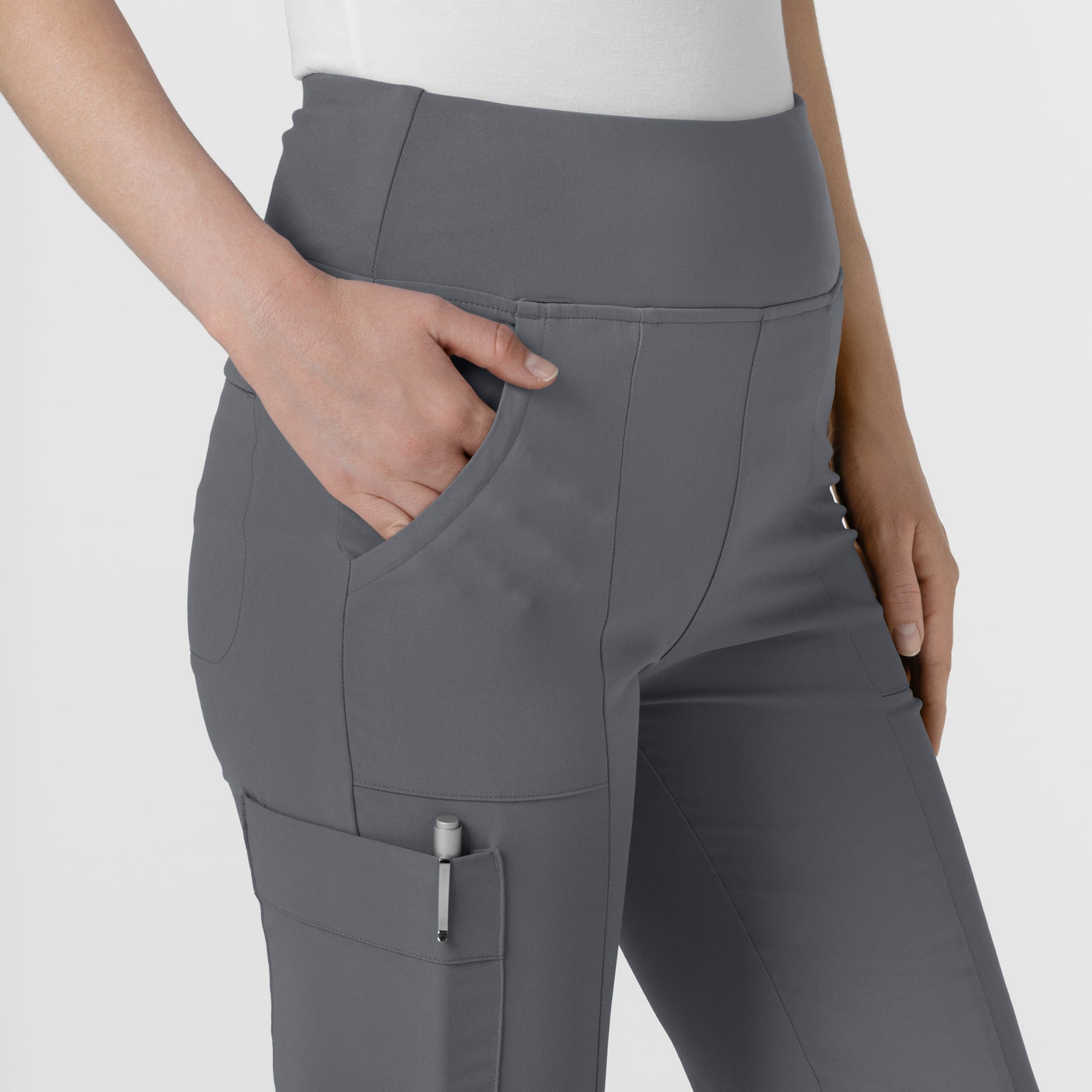 RENEW Women's Front Slit Flare Scrub Pant Pewter hemline detail
