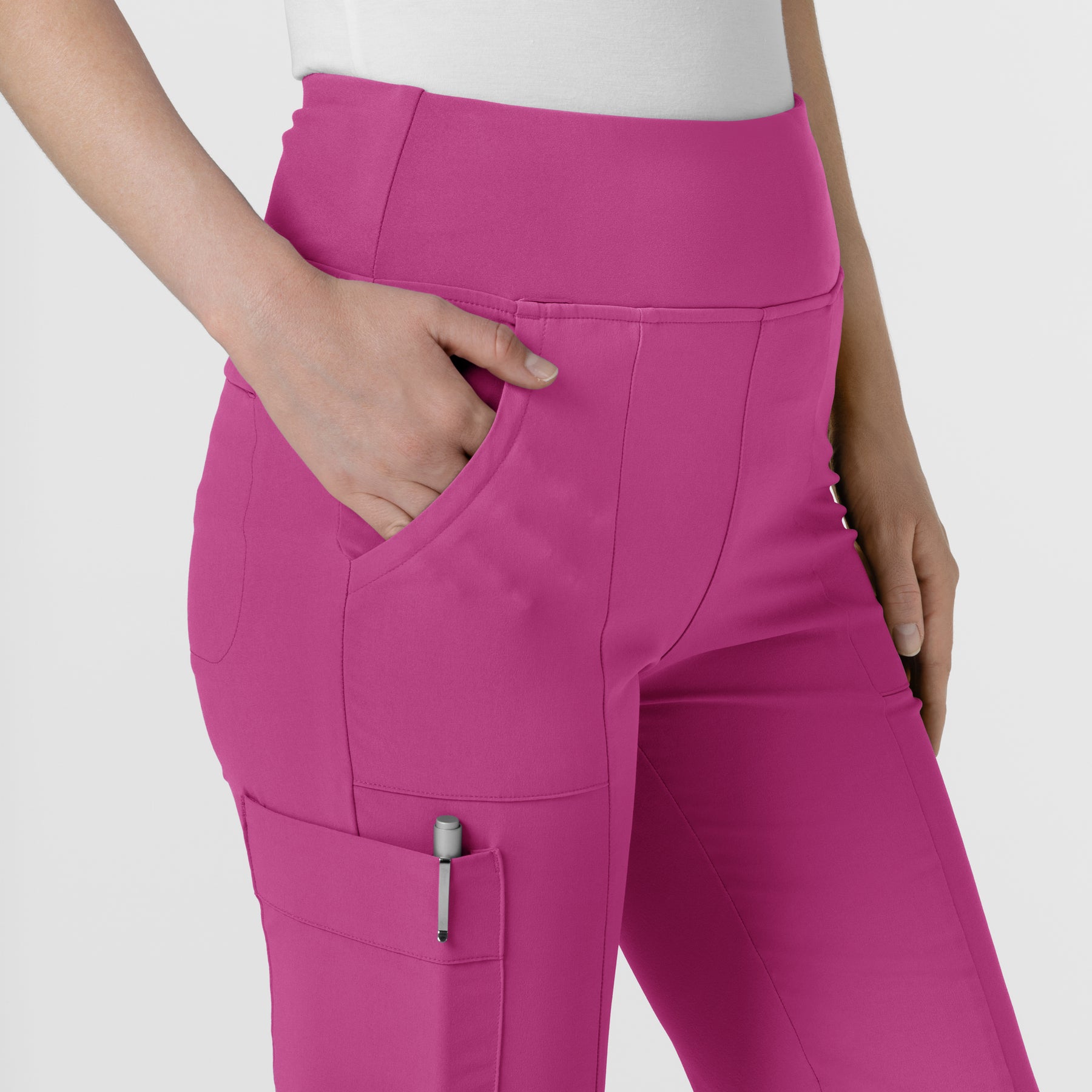 RENEW Women's Cargo Flare Scrub Pant Raspberry hemline detail