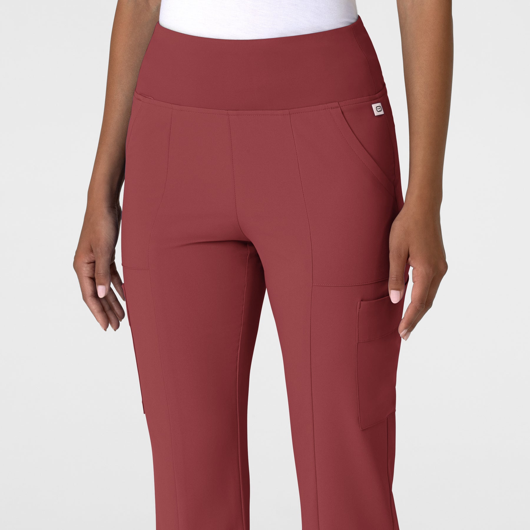 RENEW Women's Cargo Flare Scrub Pant Ruby front detail
