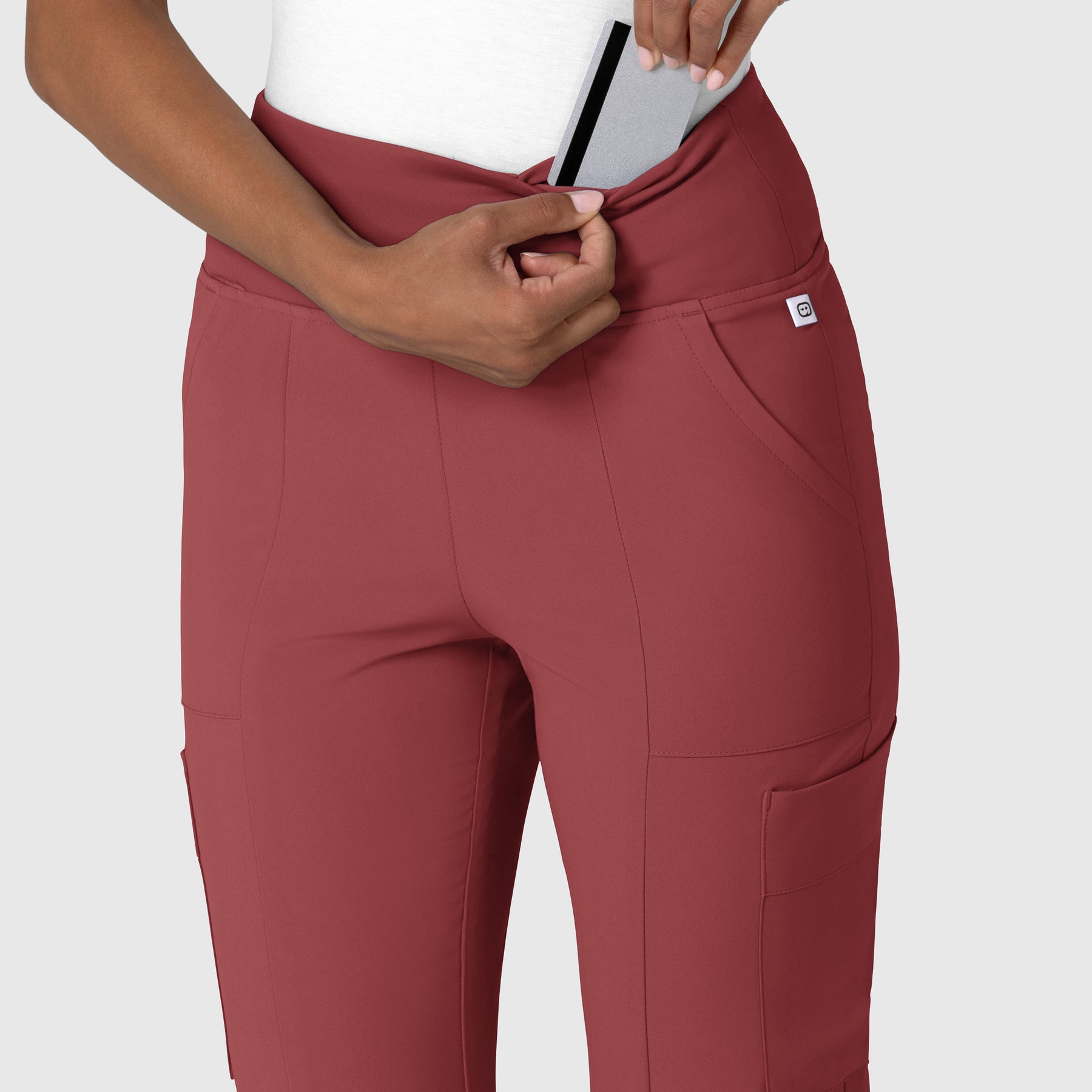 RENEW Women's Cargo Flare Scrub Pant Ruby side detail 2