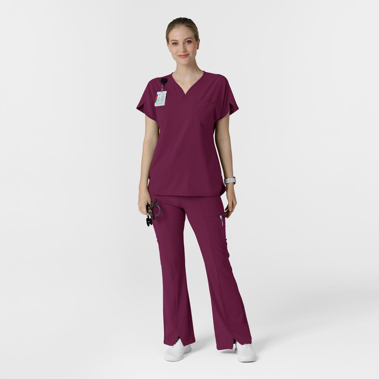 RENEW Women's Cargo Flare Scrub Pant Wine full scrub set