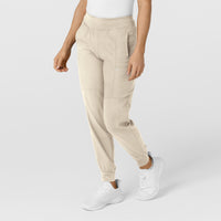 W123 Women's Comfort Waist Cargo Jogger Scrub Pant Khaki side view