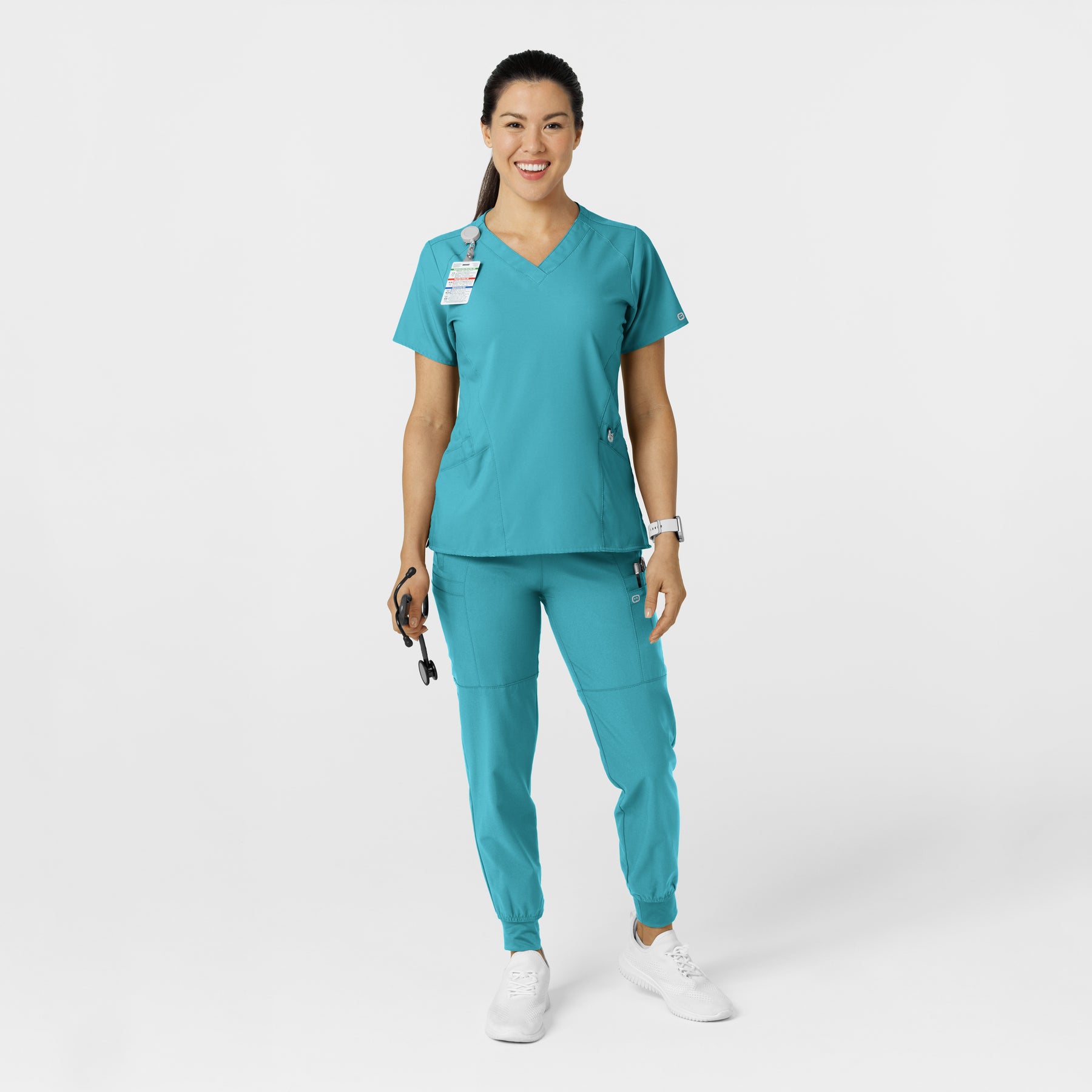 W123 Women's Comfort Waist Cargo Jogger Scrub Pant Teal Blue full scrub set