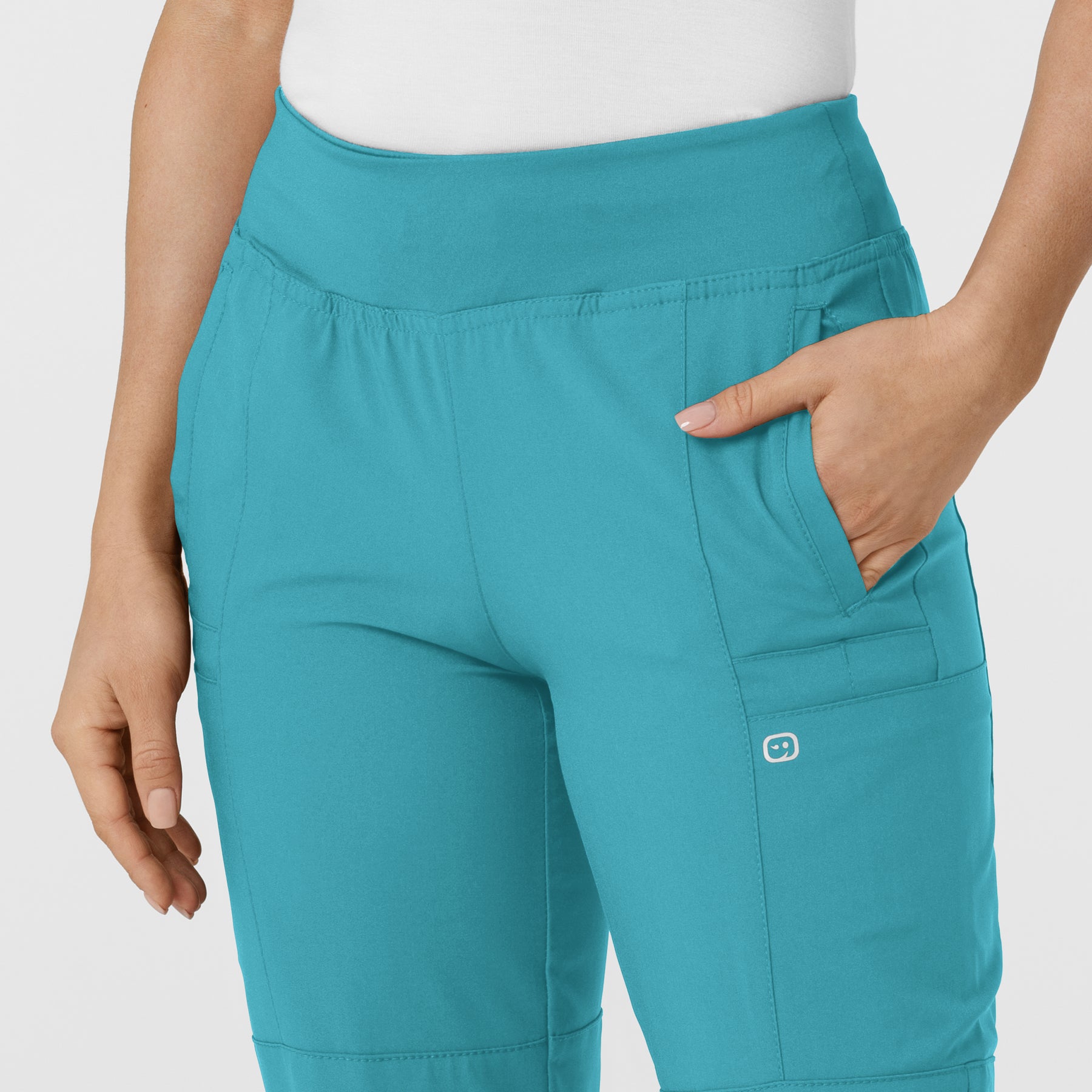 W123 Women's Comfort Waist Cargo Jogger Scrub Pant Teal Blue front detail