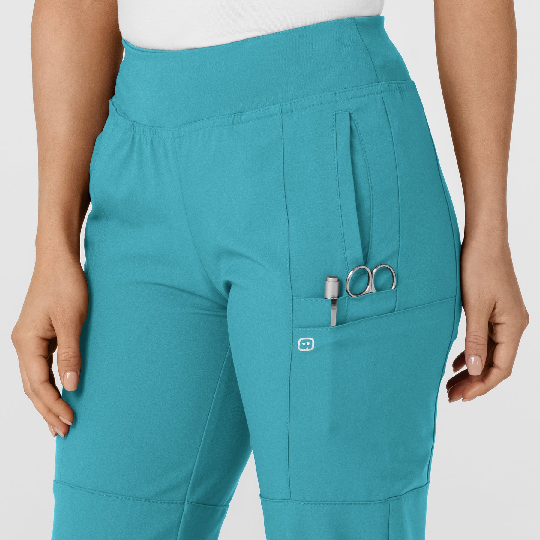 W123 Women's Comfort Waist Cargo Jogger Scrub Pant Teal Blue side detail 1