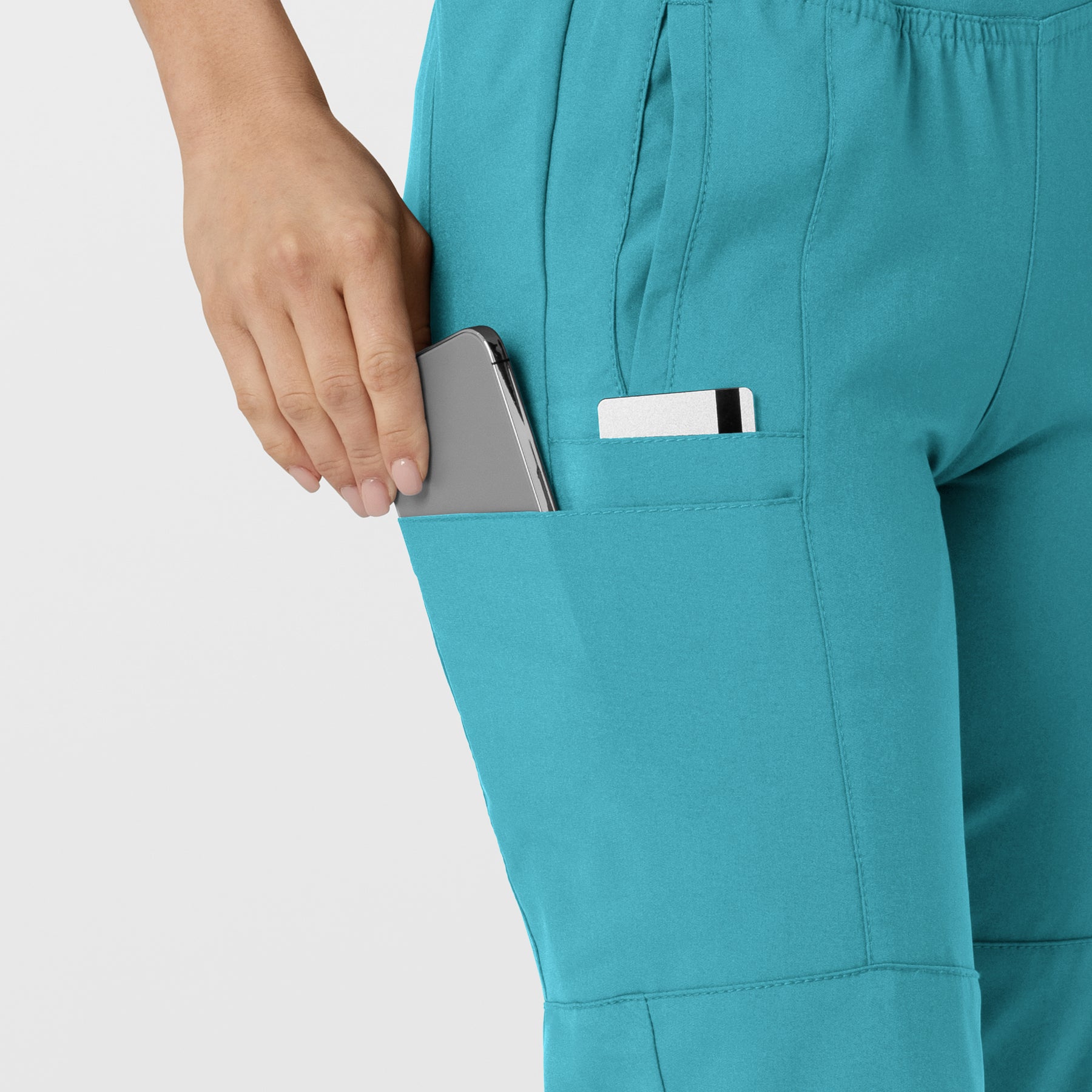W123 Women's Comfort Waist Cargo Jogger Scrub Pant Teal Blue side detail 2