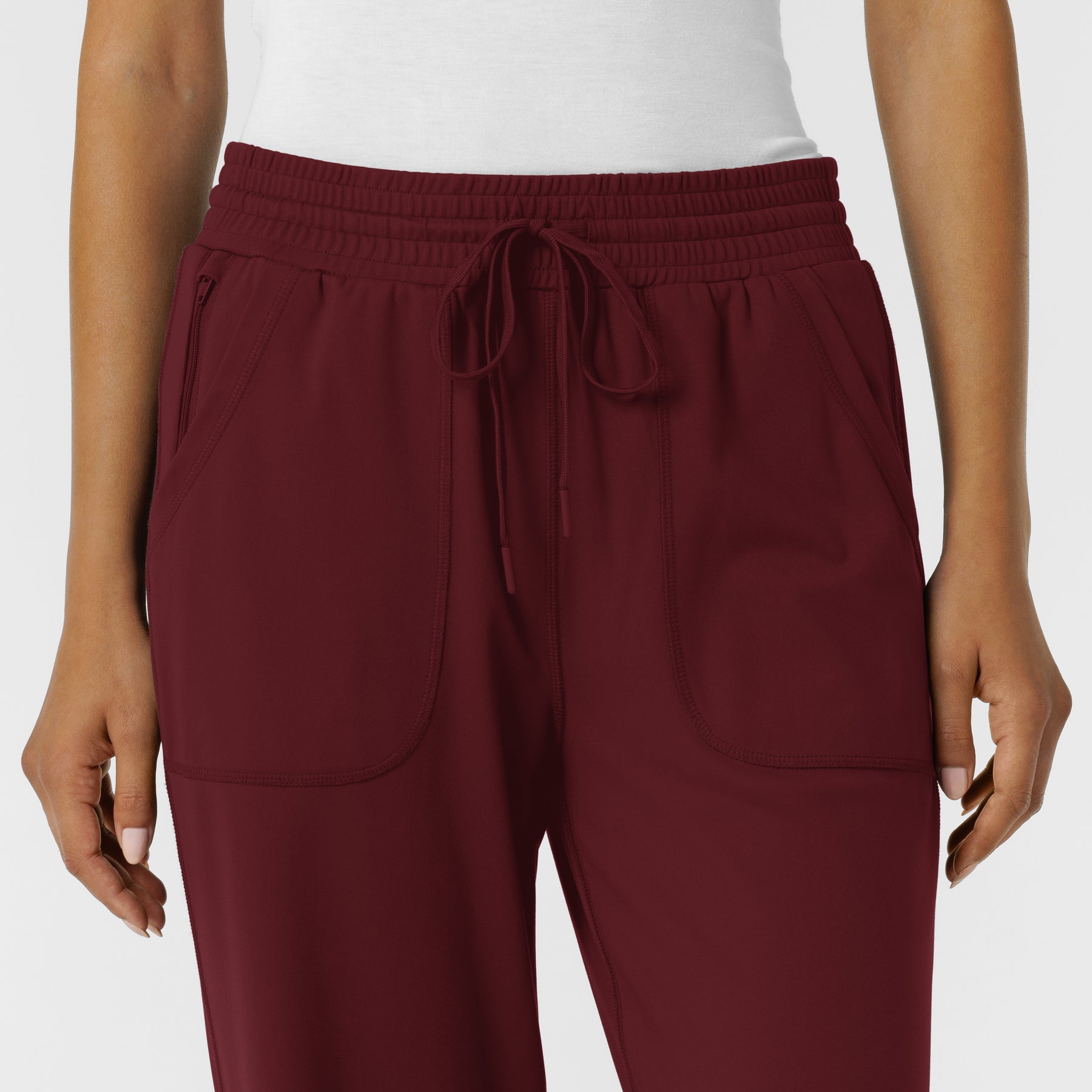 RENEW Knit Women's Wide Leg Scrub Pant Burgundy front detail