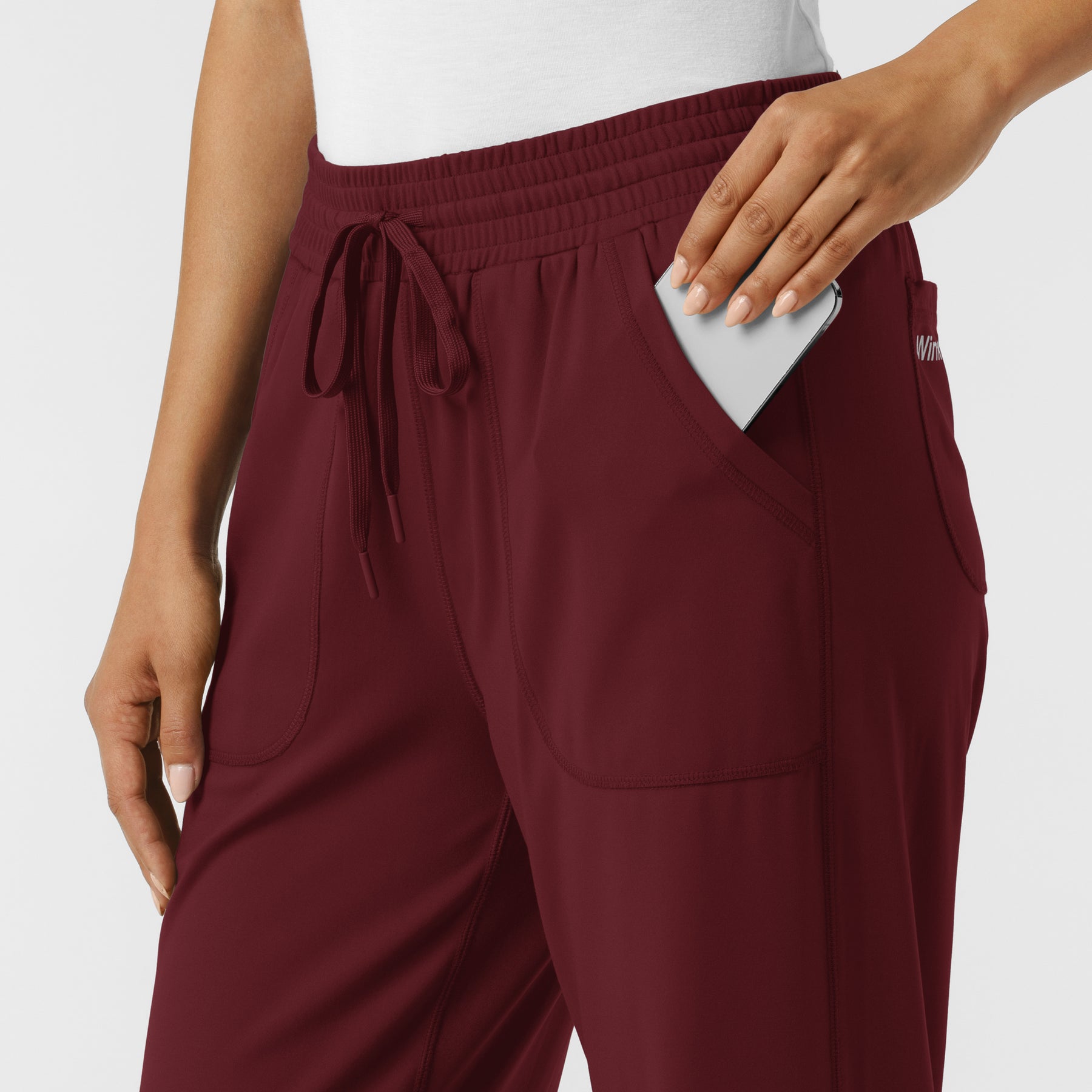 RENEW Knit Women's Wide Leg Scrub Pant Burgundy hemline detail