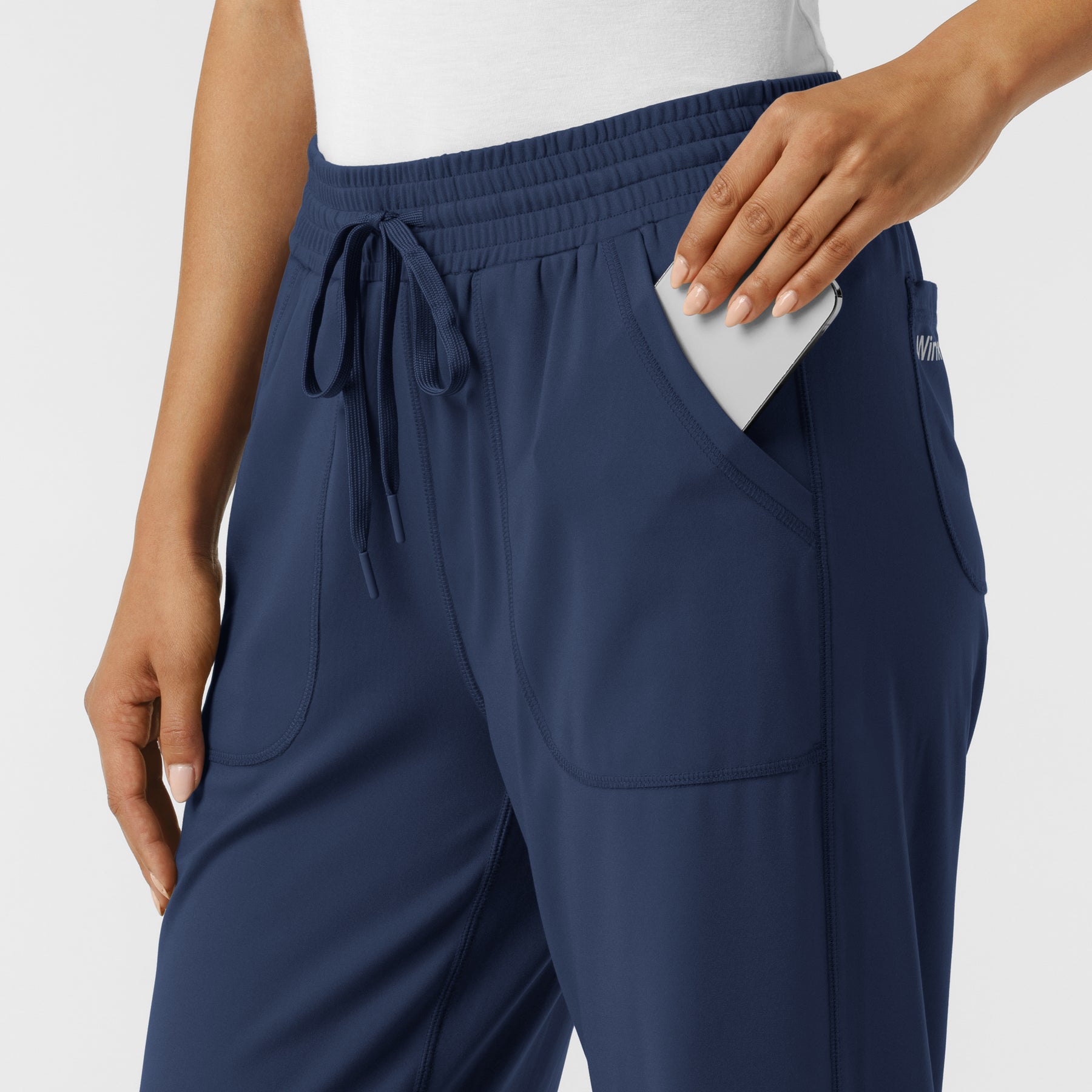 RENEW Knit Women's Wide Leg Scrub Pant Navy hemline detail