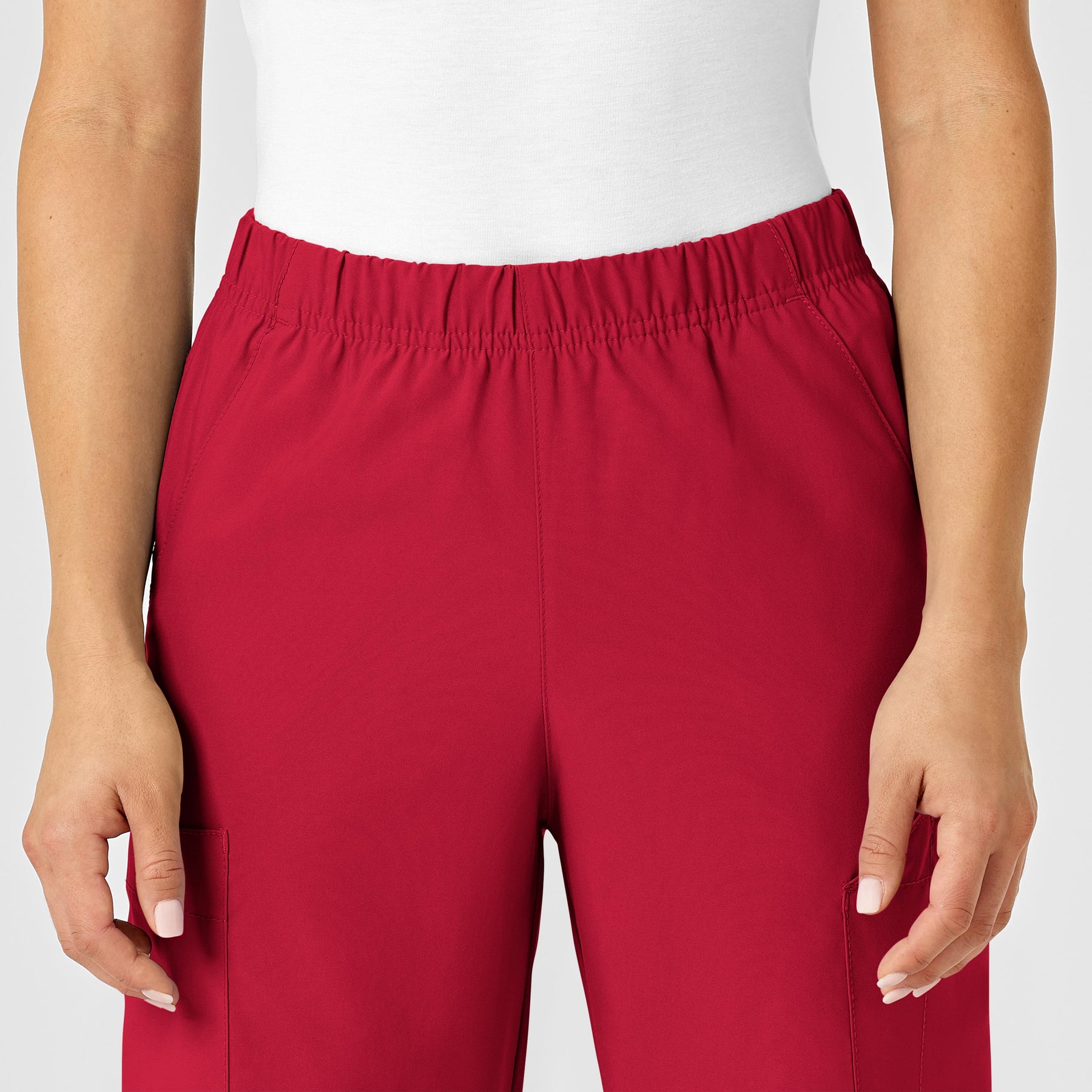 W123 Unisex Multi-Cargo Scrub Pant Red front detail