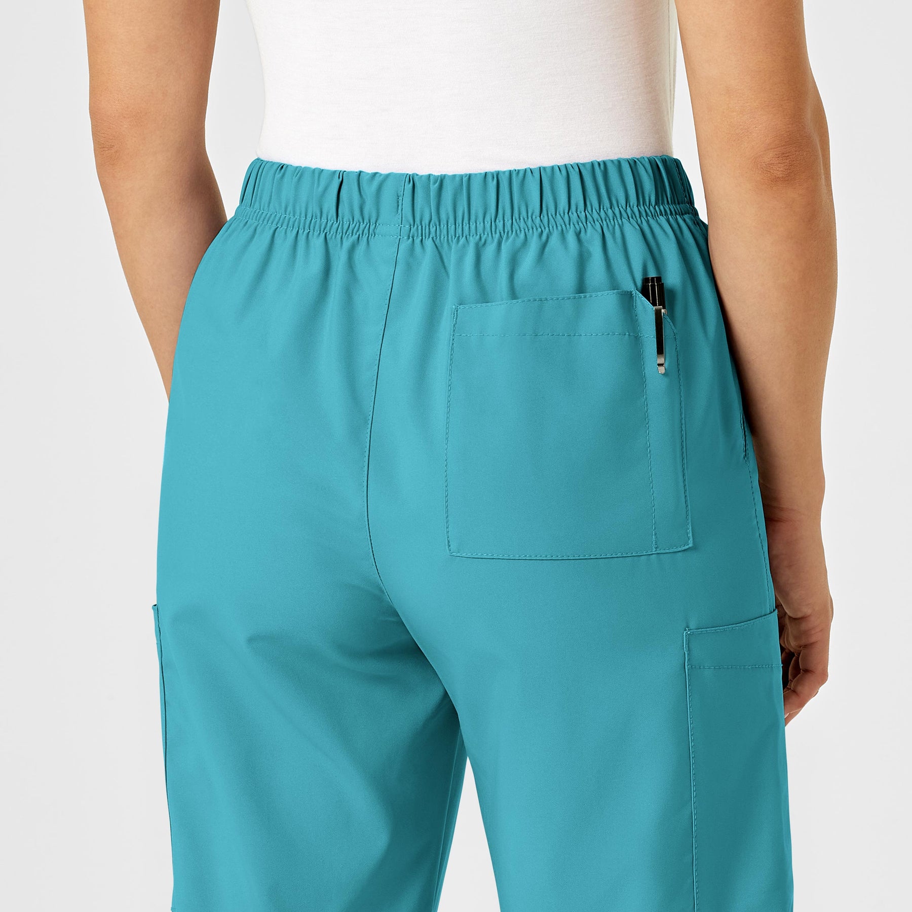 W123 Unisex Multi-Cargo Scrub Pant Teal Blue hemline detail