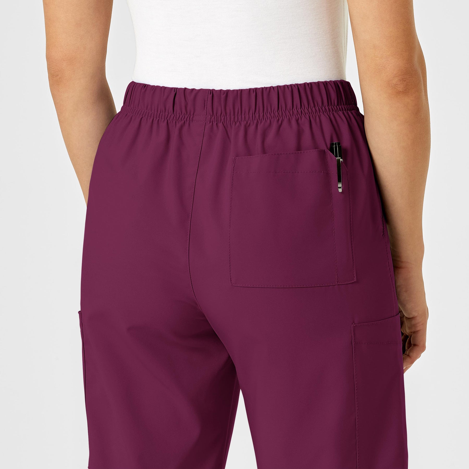 W123 Unisex Multi-Cargo Scrub Pant Wine hemline detail