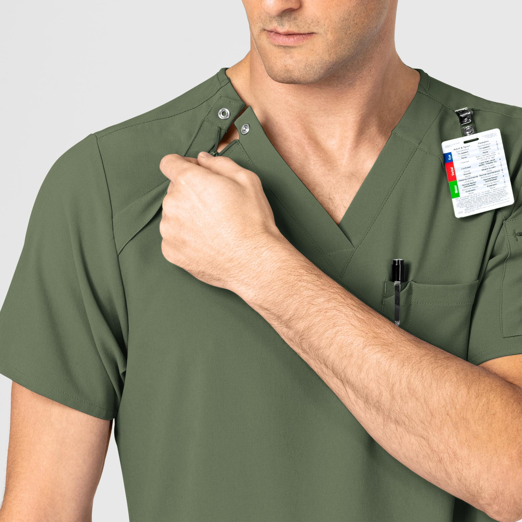 RENEW Men's EZ Zip Scrub Top Olive side detail 1