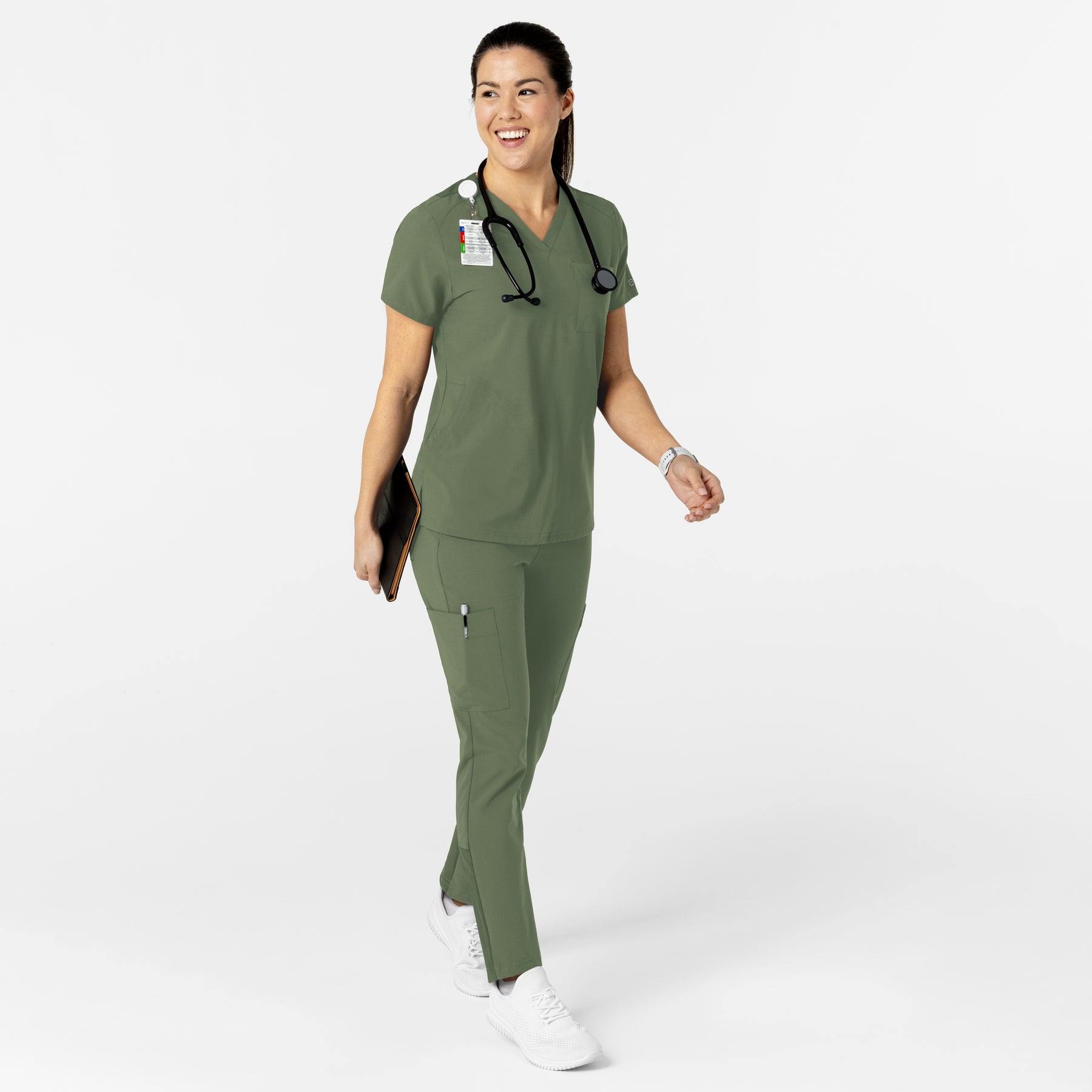 W123 Women's Flex-n-Reach V-Neck Scrub Top Olive full scrub set