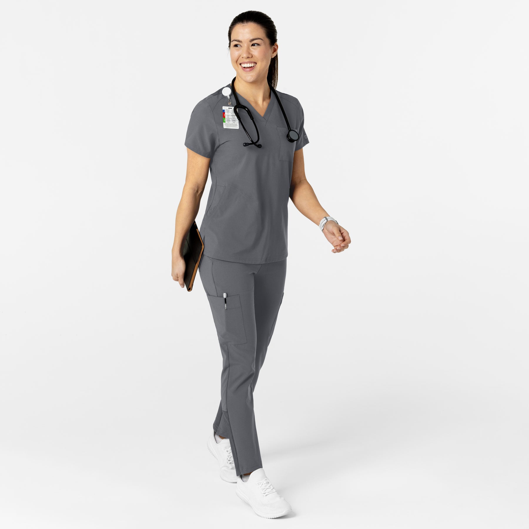 W123 Women's Flex-n-Reach V-Neck Scrub Top Pewter scrub set