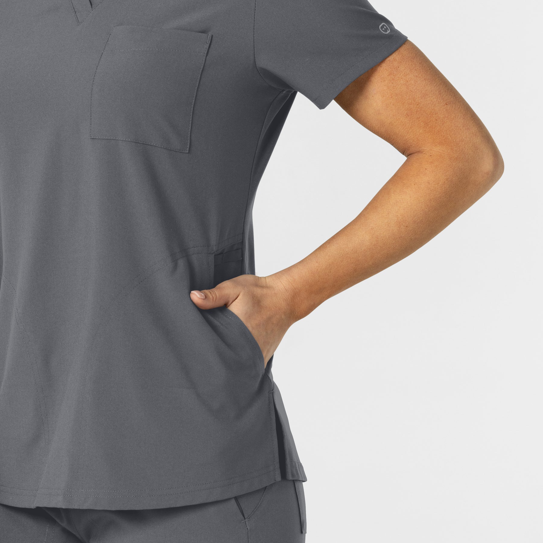 W123 Women's Flex-n-Reach V-Neck Scrub Top Pewter hemline detail