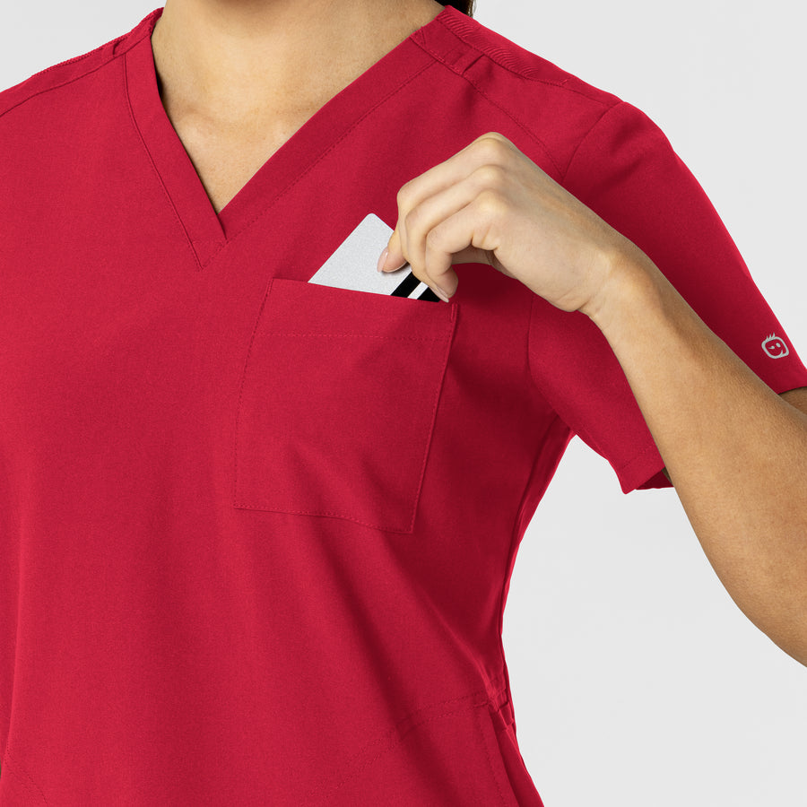 W123 Women's Flex-n-Reach V-Neck Scrub Top Red side detail 1
