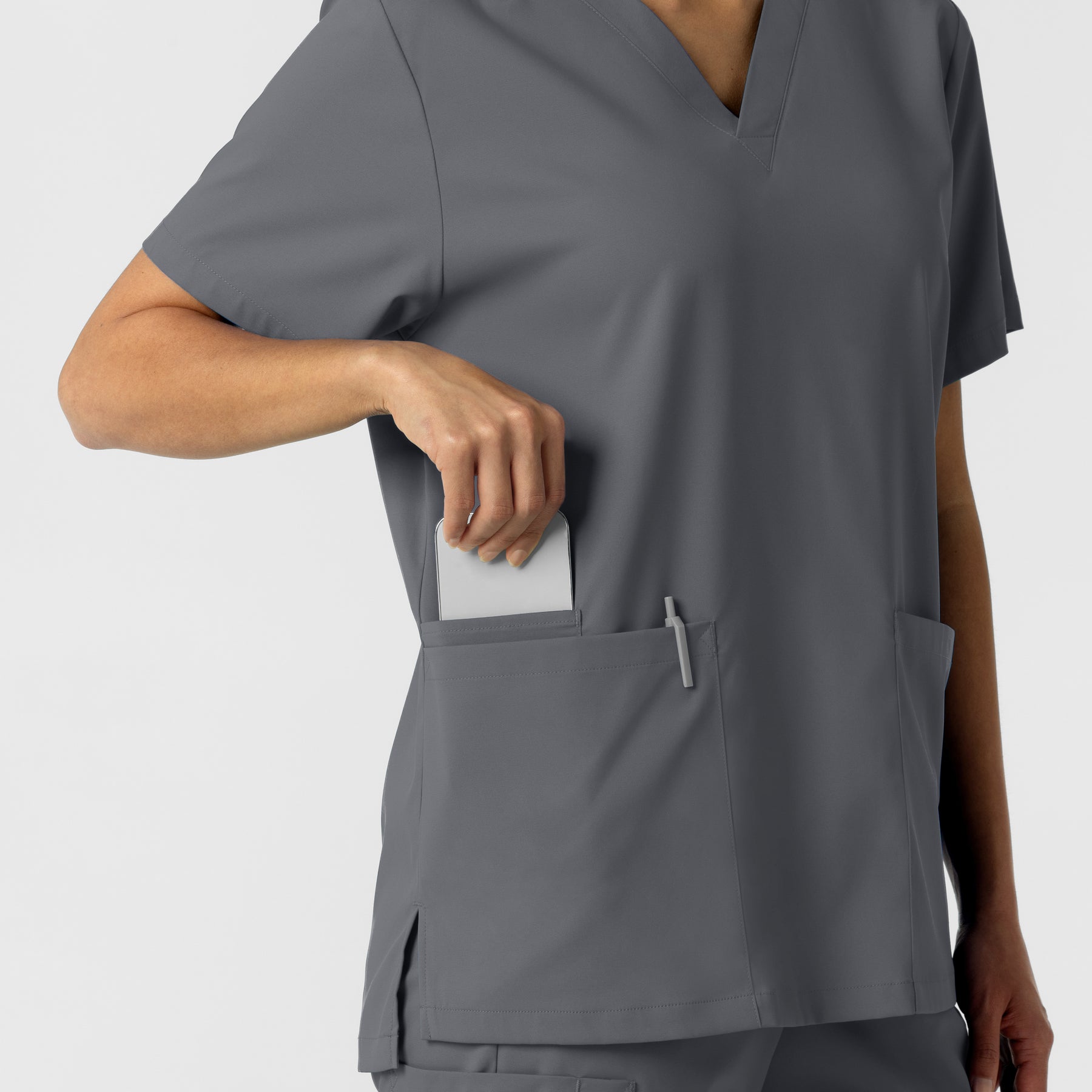 Boundless Unisex V-Neck Scrub Top - Pewter cellphone pocket