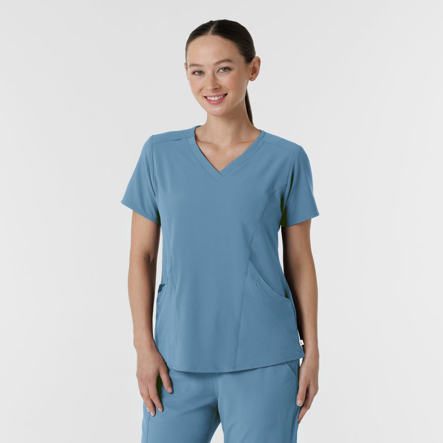 RENEW Women's V-Neck Scrub Top - Pacific Blue front detail
