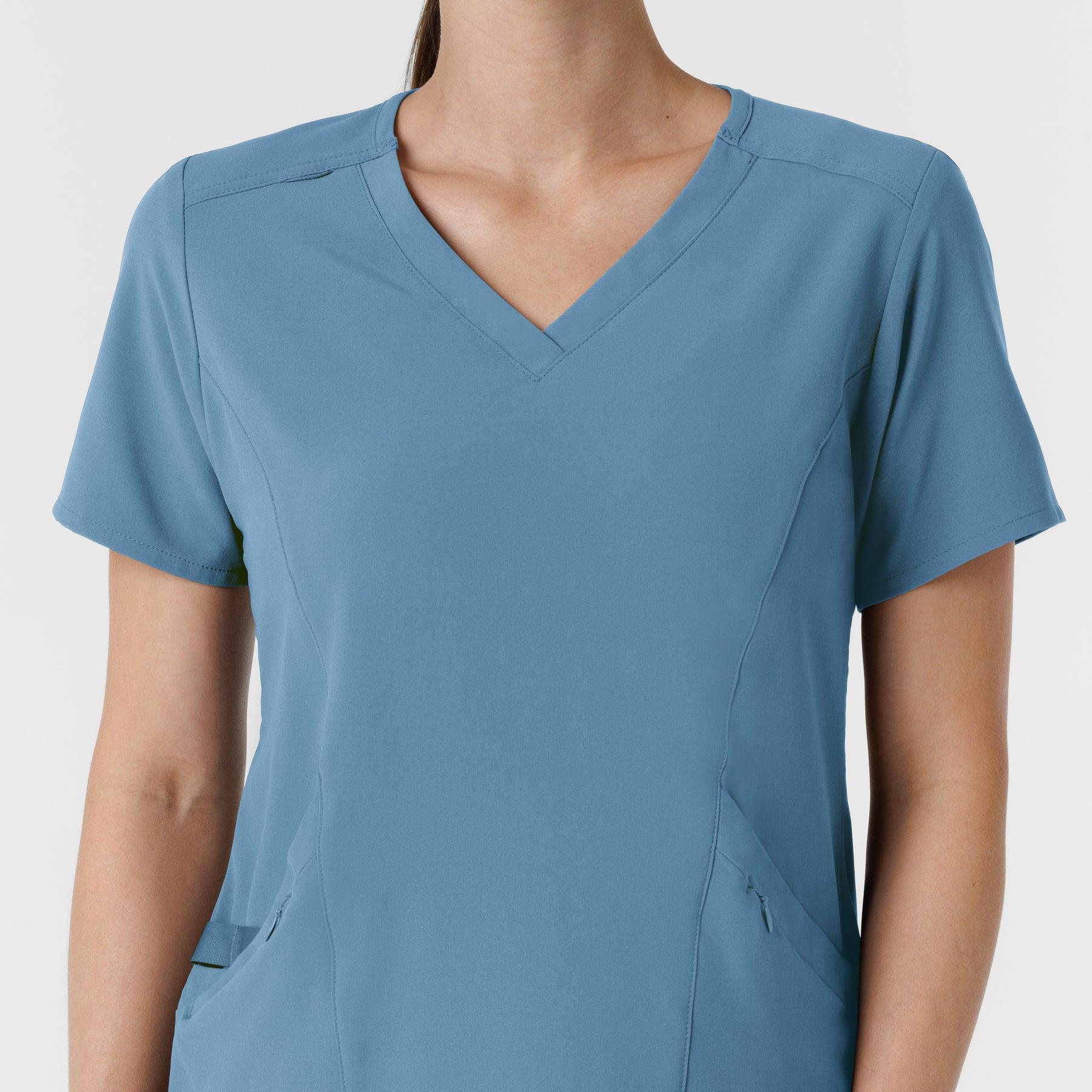 RENEW Women's V-Neck Scrub Top - Pacific Blue neckline