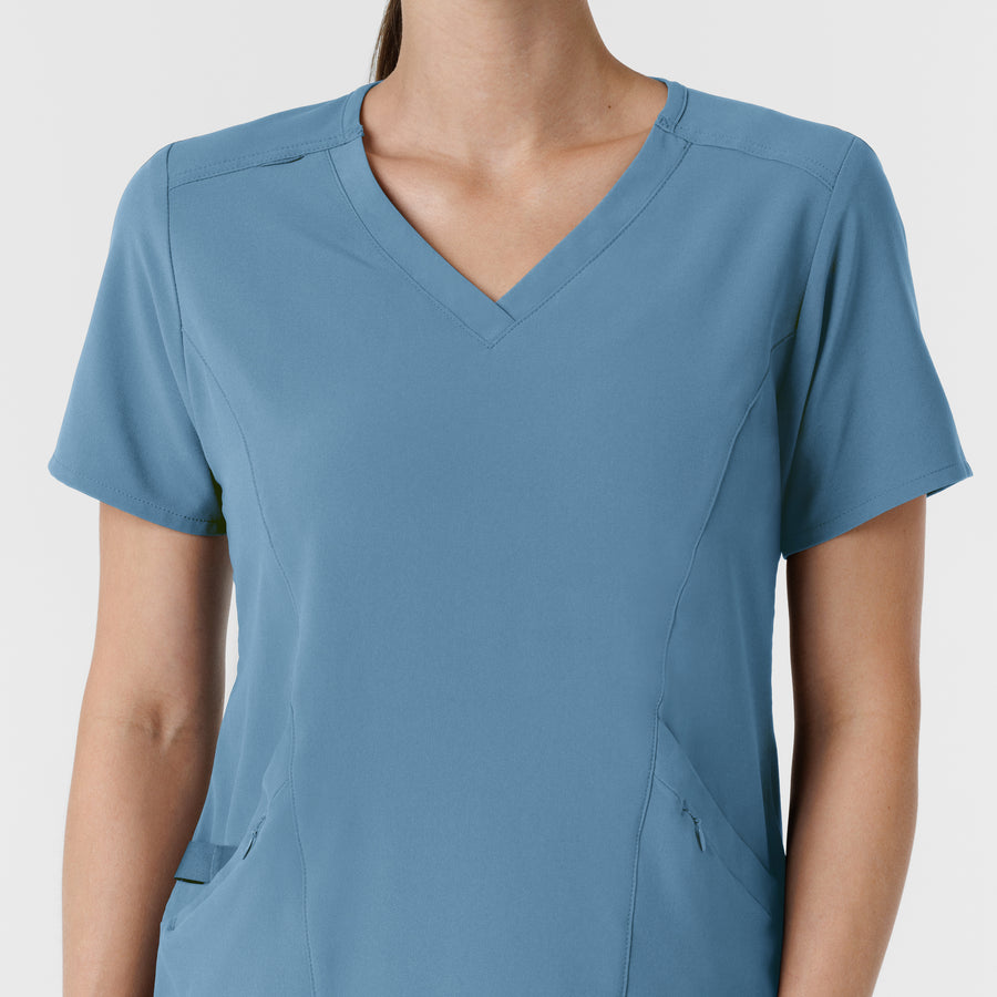 RENEW Women's V-Neck Scrub Top - Pacific Blue neckline