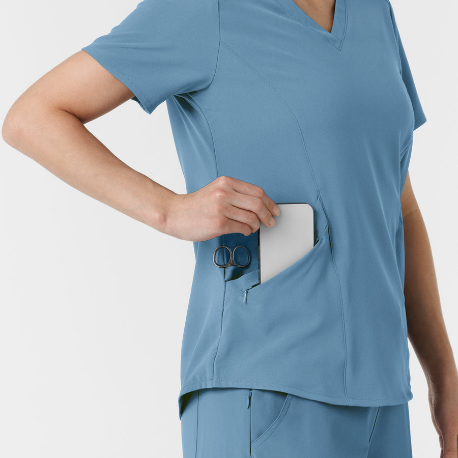RENEW Women's V-Neck Scrub Top - Pacific Blue right pockets