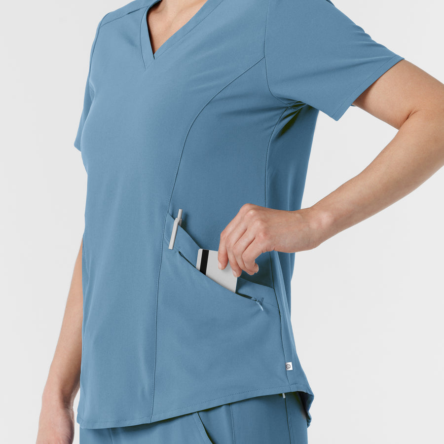 RENEW Women's V-Neck Scrub Top - Pacific Blue left pockets