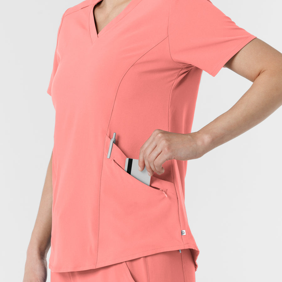 RENEW Women's V-Neck Scrub Top - Paradise Pink left zip pocket