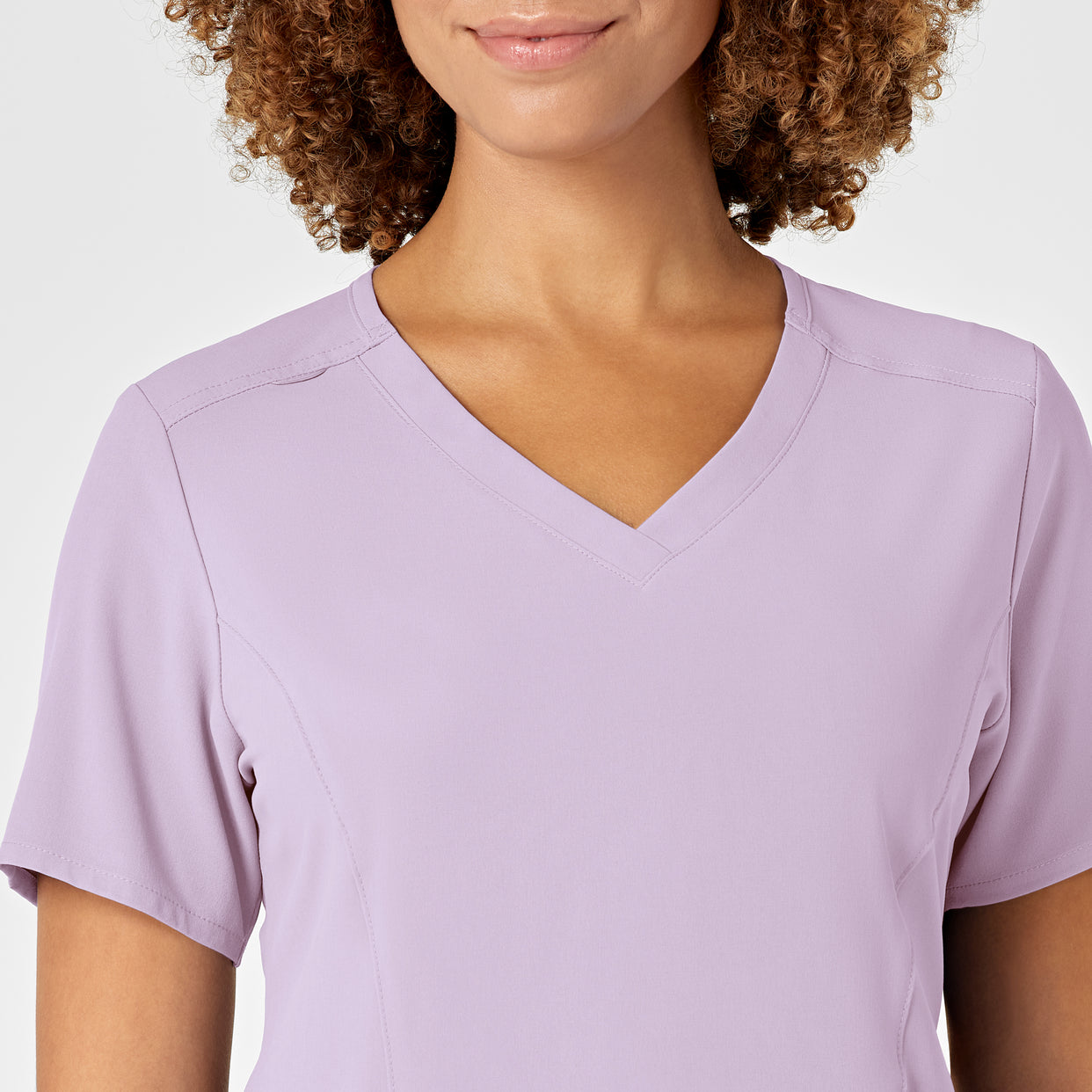 RENEW Women's V-Neck Scrub Top Pastel Lilac neckline detail