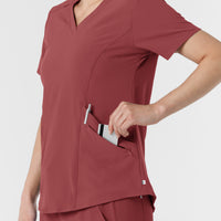 RENEW Women's V-Neck Scrub Top Ruby hemline detail