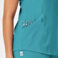 RENEW Women's V-Neck Scrub Top Teal Blue hemline detail