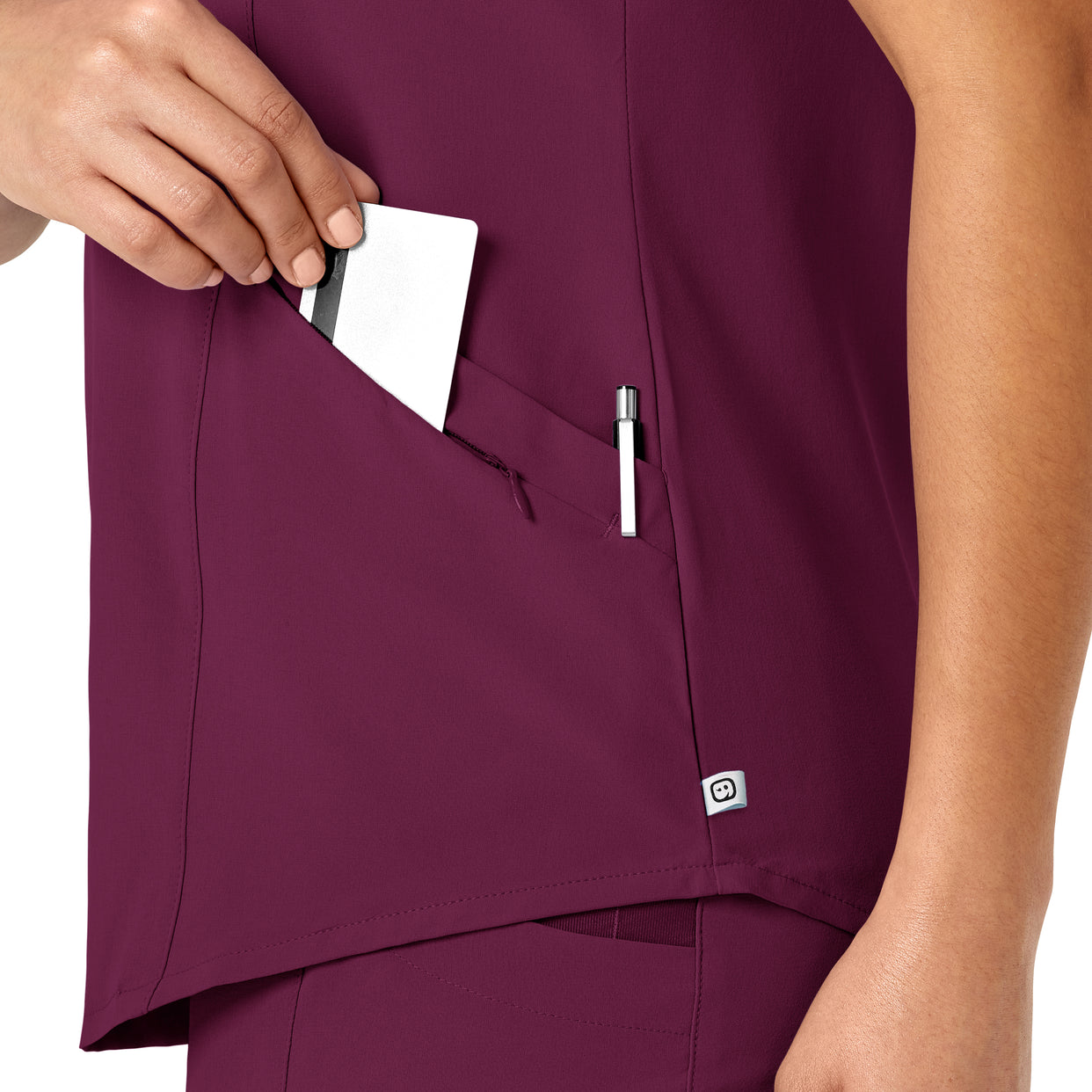 RENEW Women's V-Neck Scrub Top Wine side detail 2