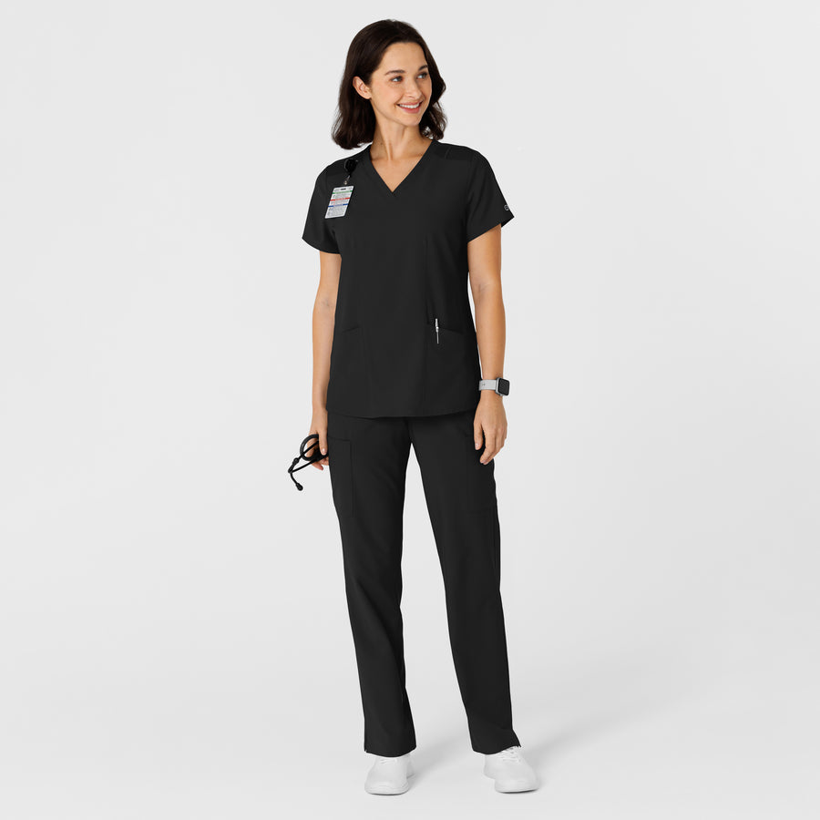 W123 Women's Flex-n-Reach Side Panel V-Neck Scrub Top Black full scrub set