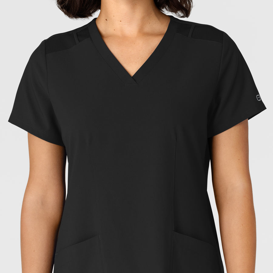 W123 Women's Flex-n-Reach Side Panel V-Neck Scrub Top Black front detail