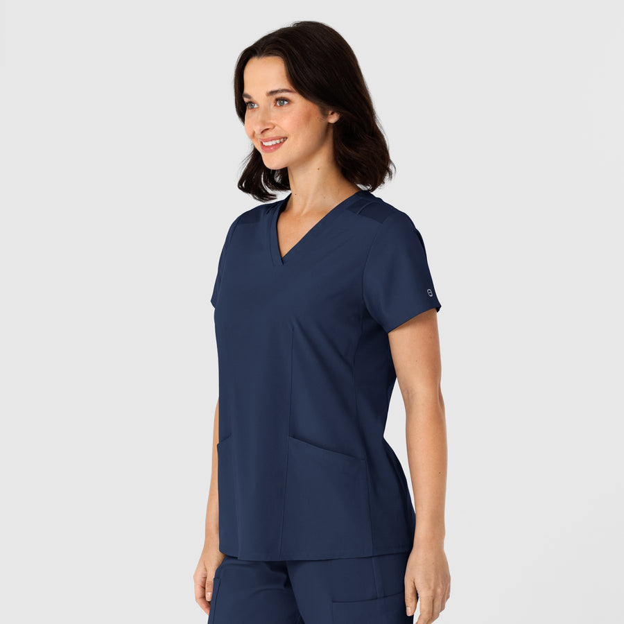 W123 Women's Flex-n-Reach Side Panel V-Neck Scrub Top Navy side view
