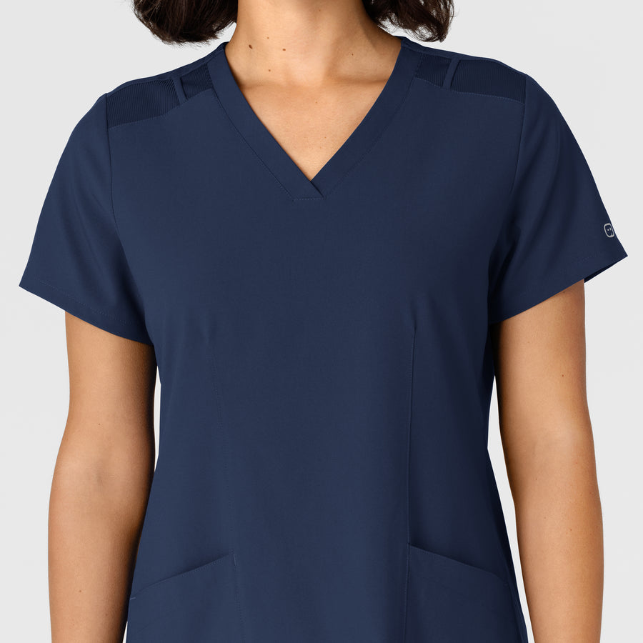 W123 Women's Flex-n-Reach Side Panel V-Neck Scrub Top Navy front detail