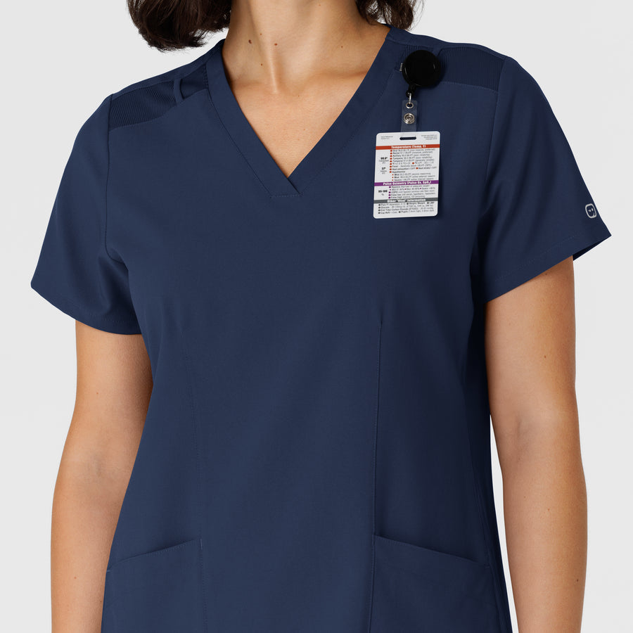 W123 Women's Flex-n-Reach Side Panel V-Neck Scrub Top Navy side detail 2